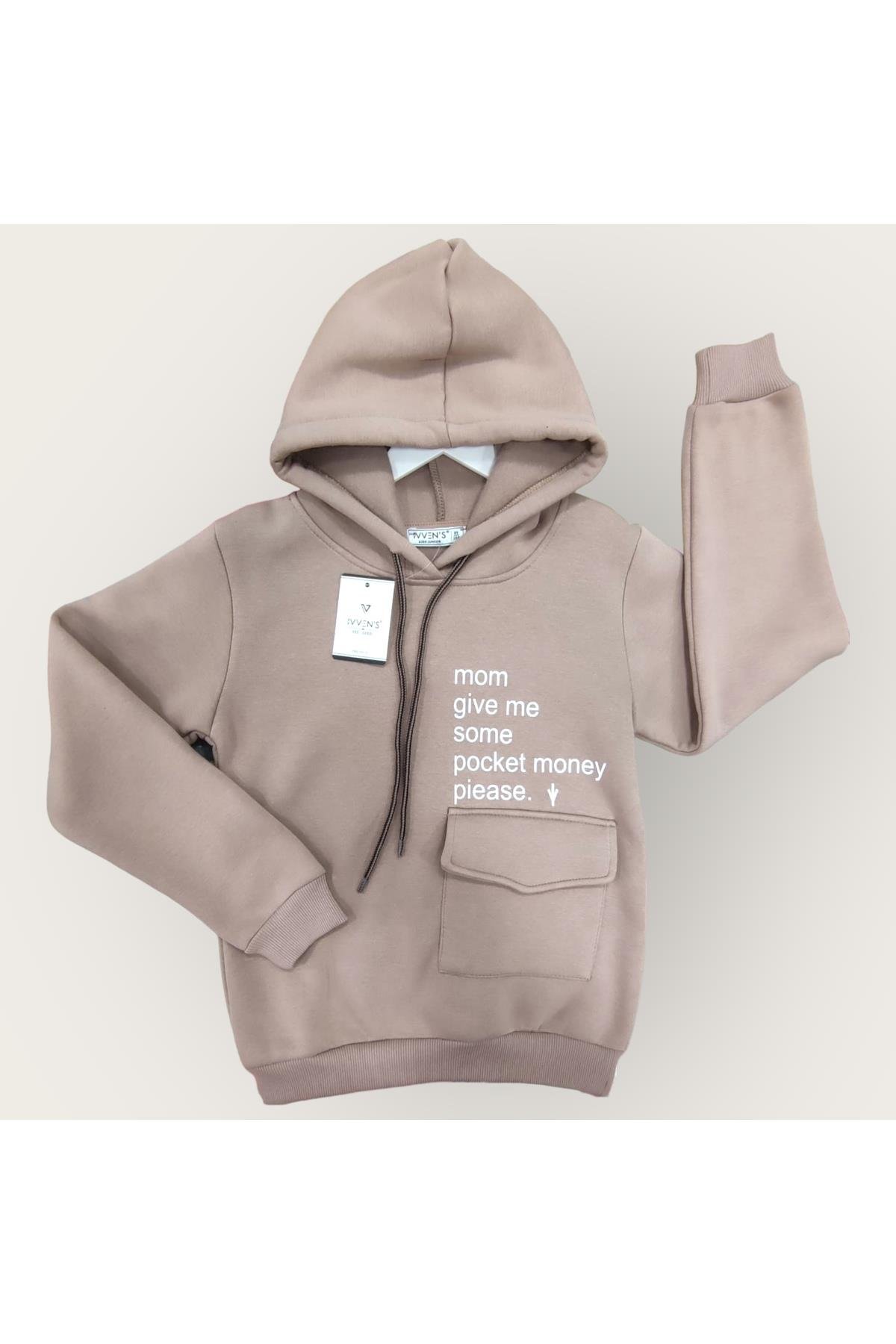 Kids 3 İplik Şardonlu Kapüşonlu Baskılı Para Cepli Çocuk Sweatshirt