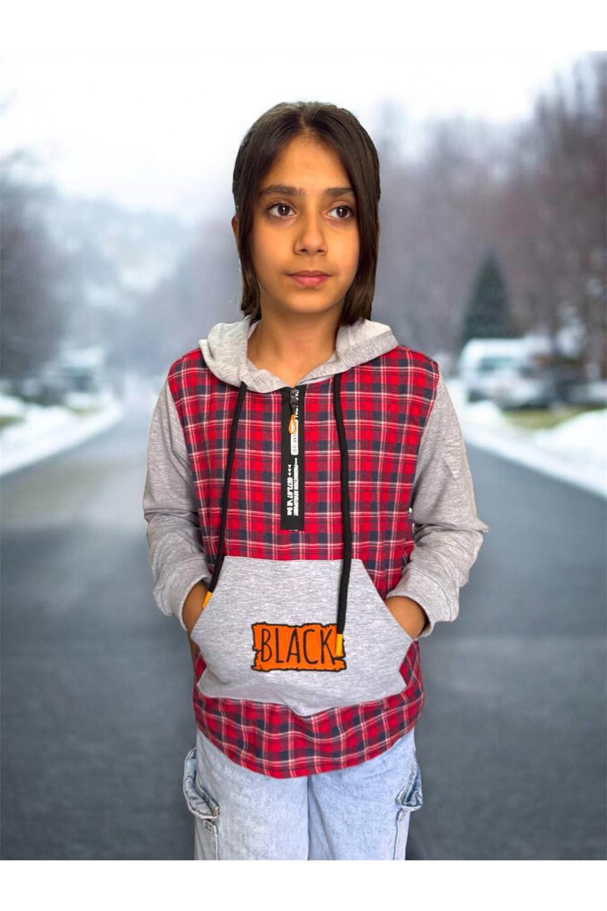 Kids Çocuk Unisex Kapüşonlu Kanguru Cepli Desenli Gömlek