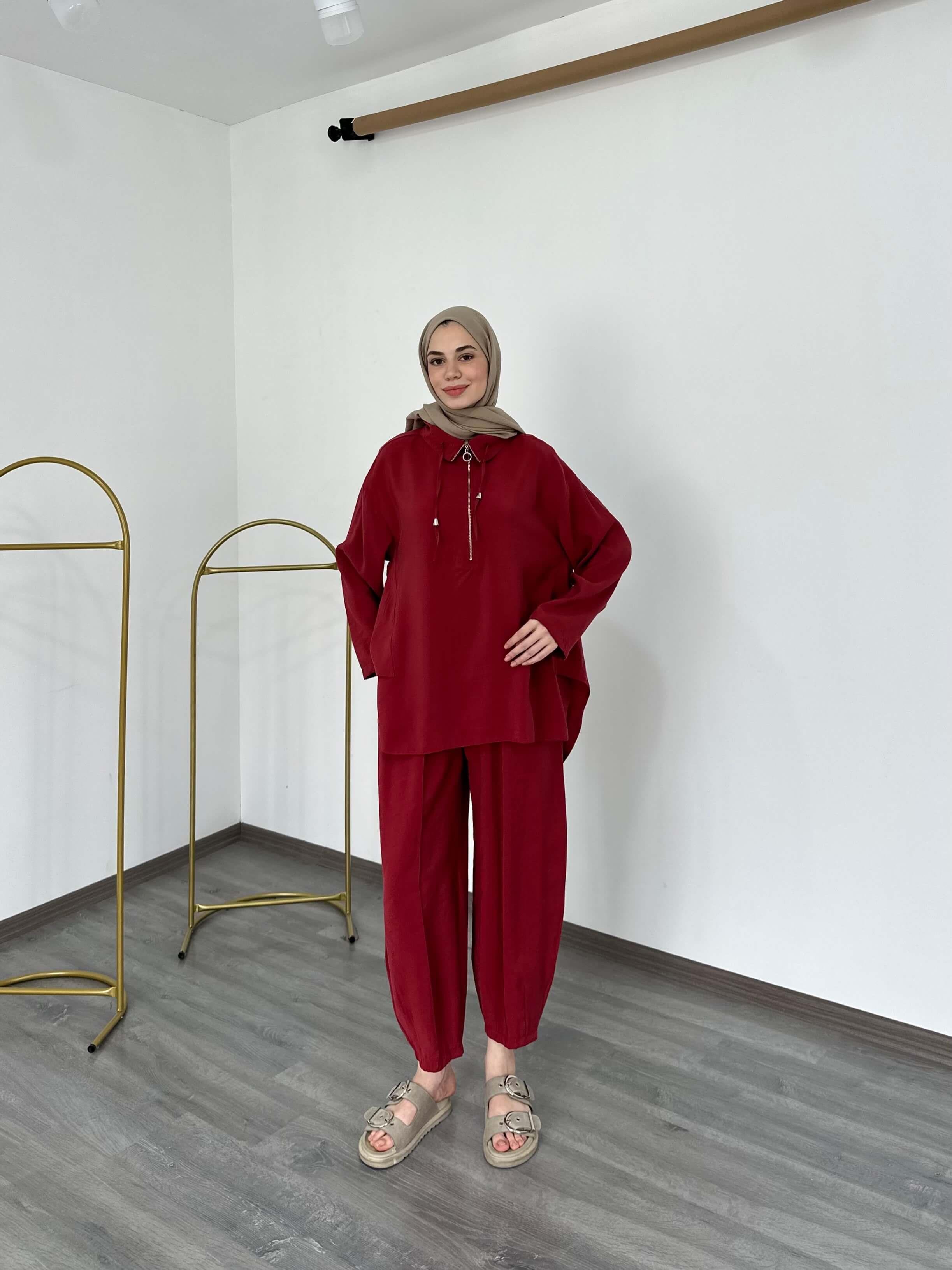 Fermuar Detaylı Oversize Kesim Şalvar Pantolon Takım Kiremit