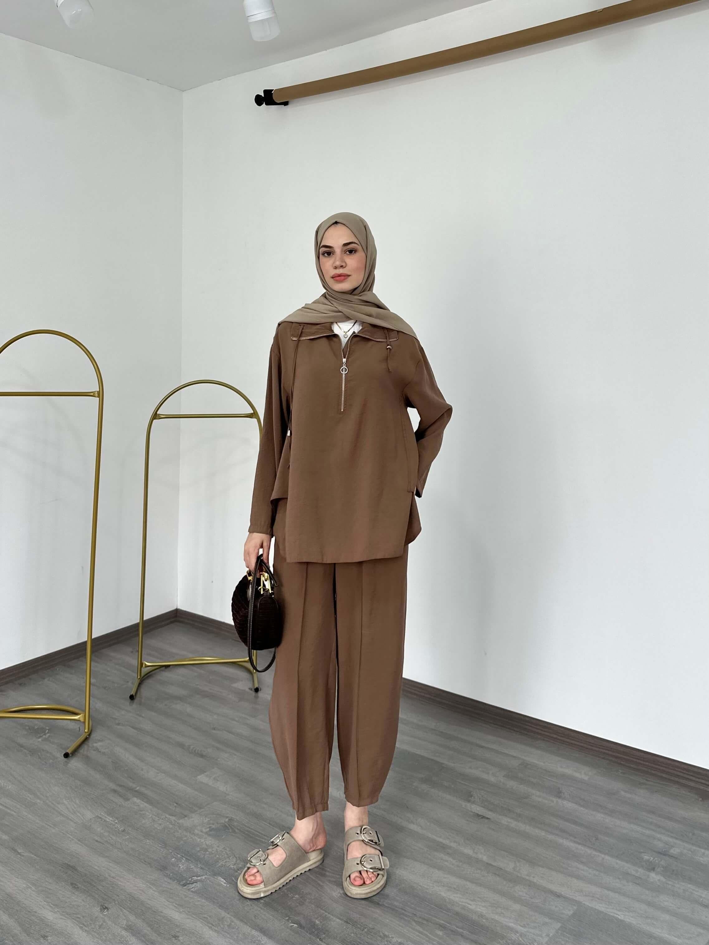 Fermuar Detaylı Oversize Kesim Şalvar Pantolon Takım Kahverengi
