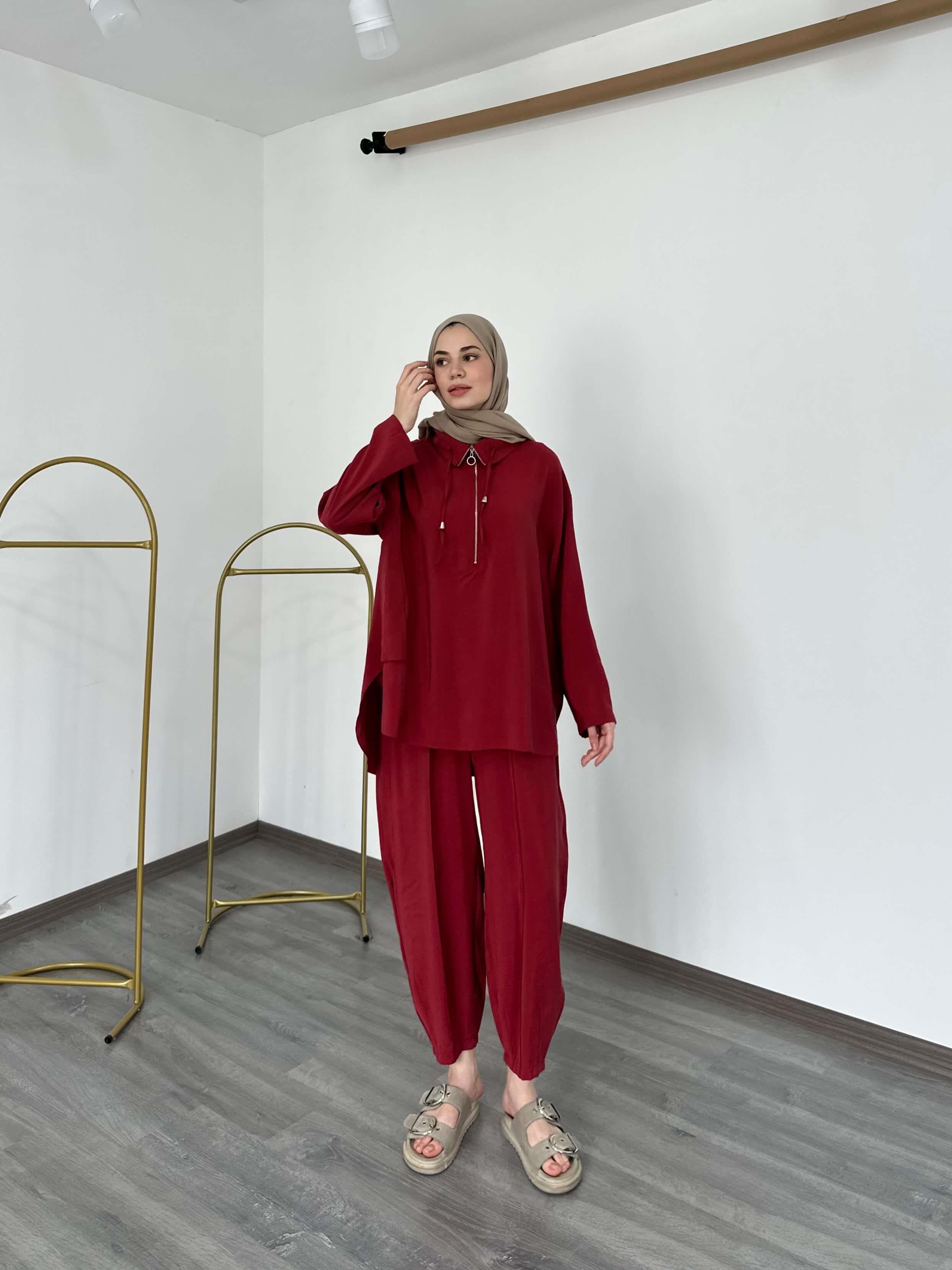 Fermuar Detaylı Oversize Kesim Şalvar Pantolon Takım Kiremit