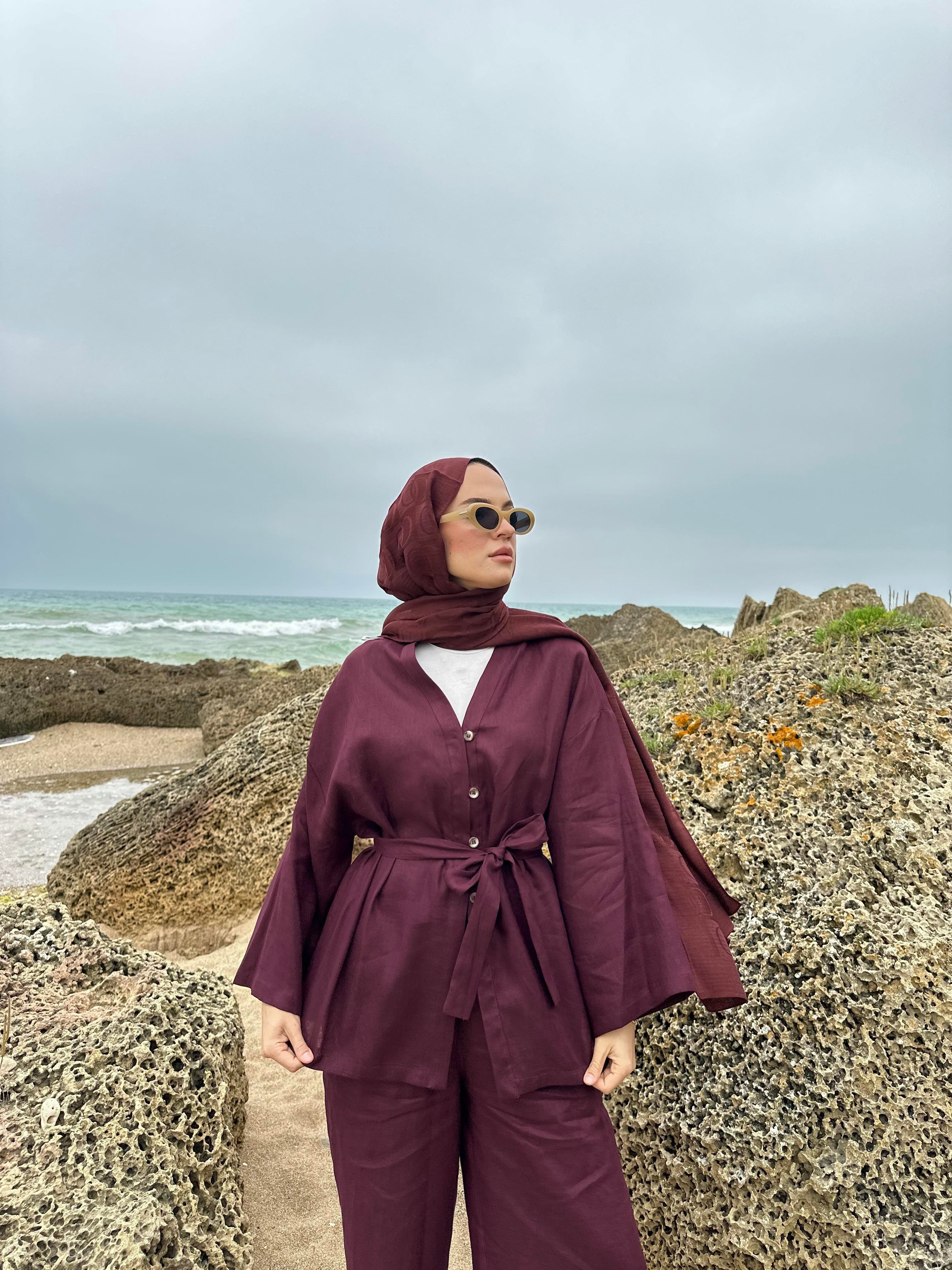 Hakiki Fransız Keten Kimono Bordo