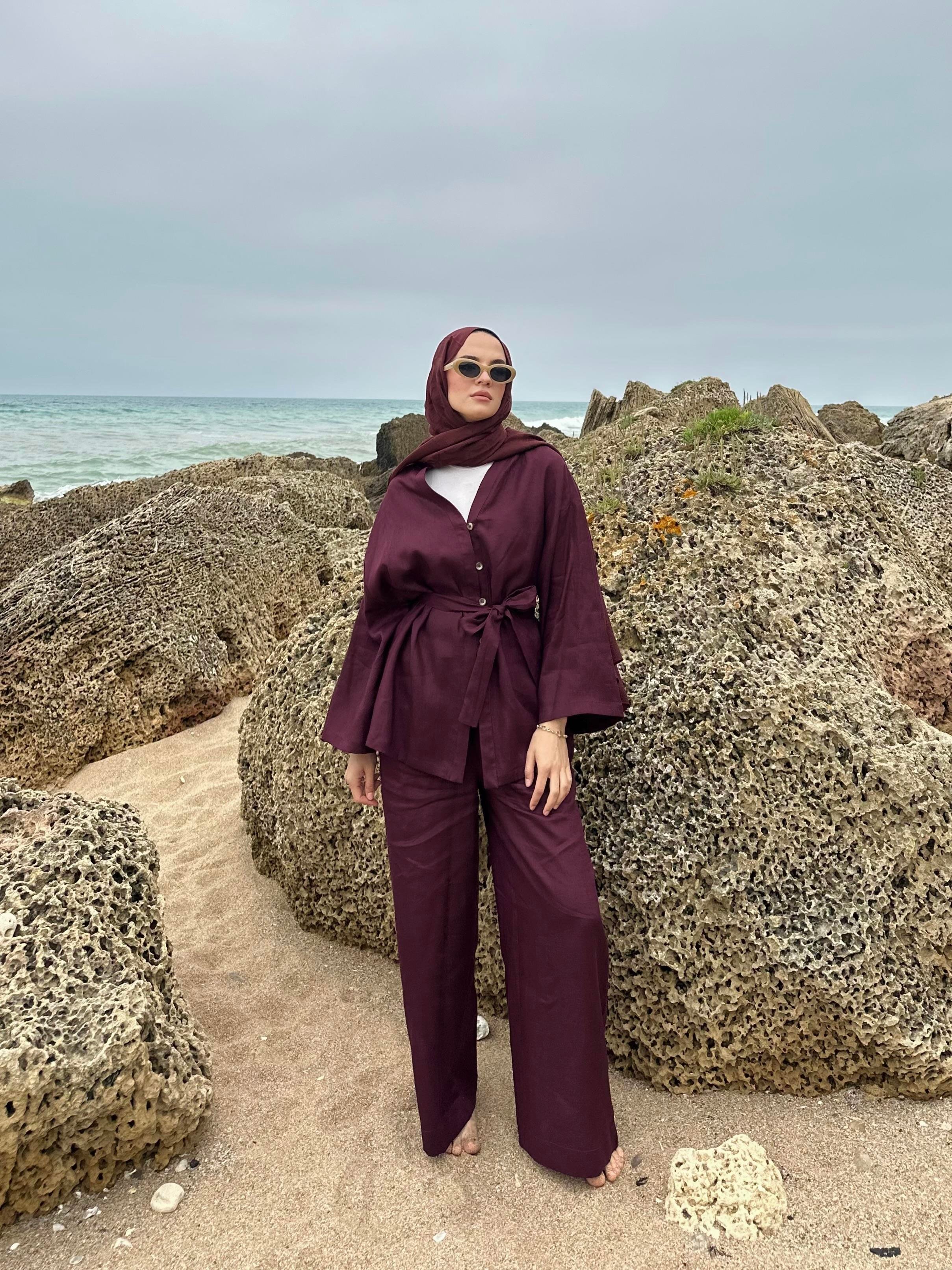 Hakiki Fransız Keten Kimono Bordo