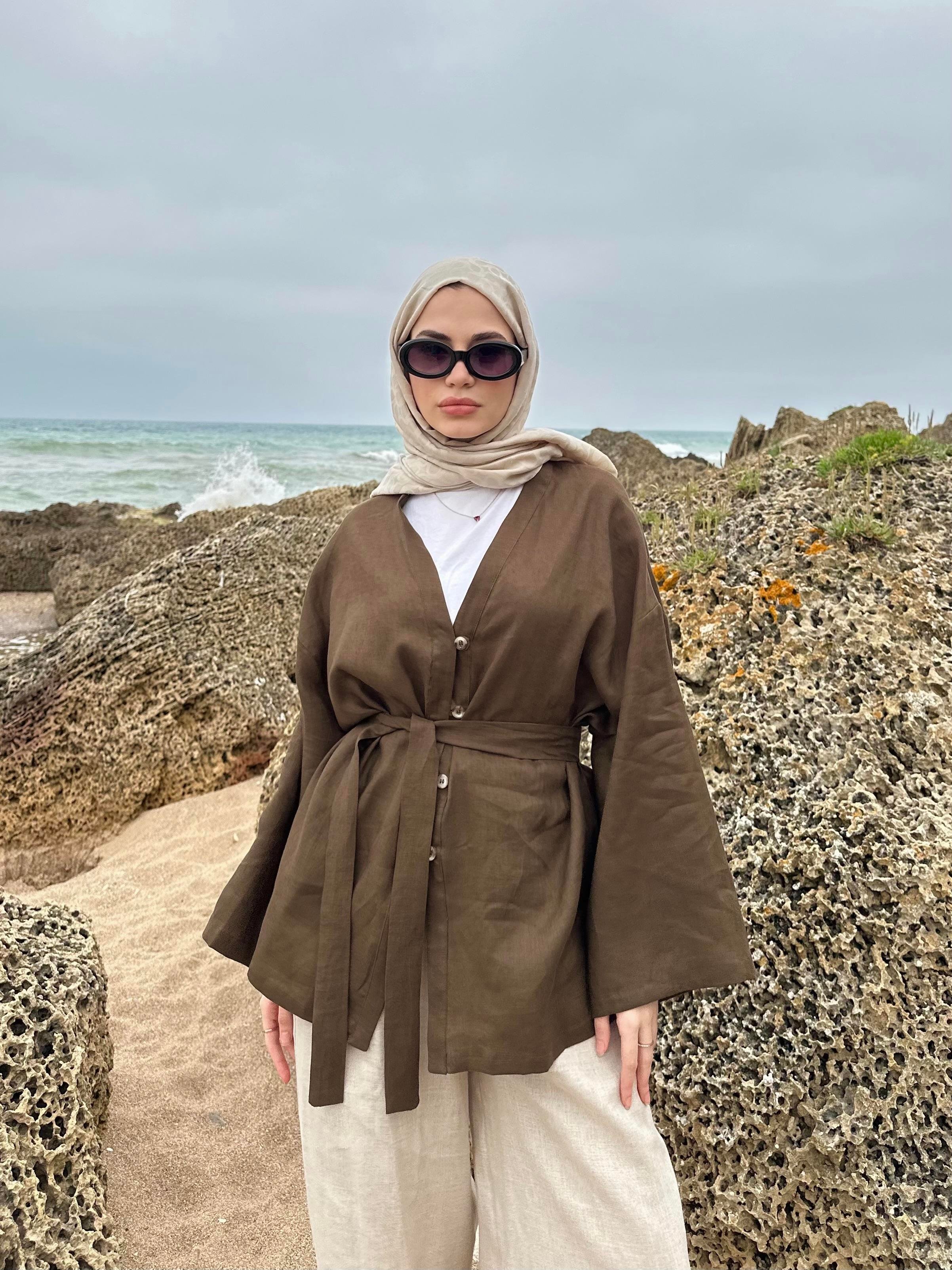 Hakiki Fransız Keten Kimono Kahverengi