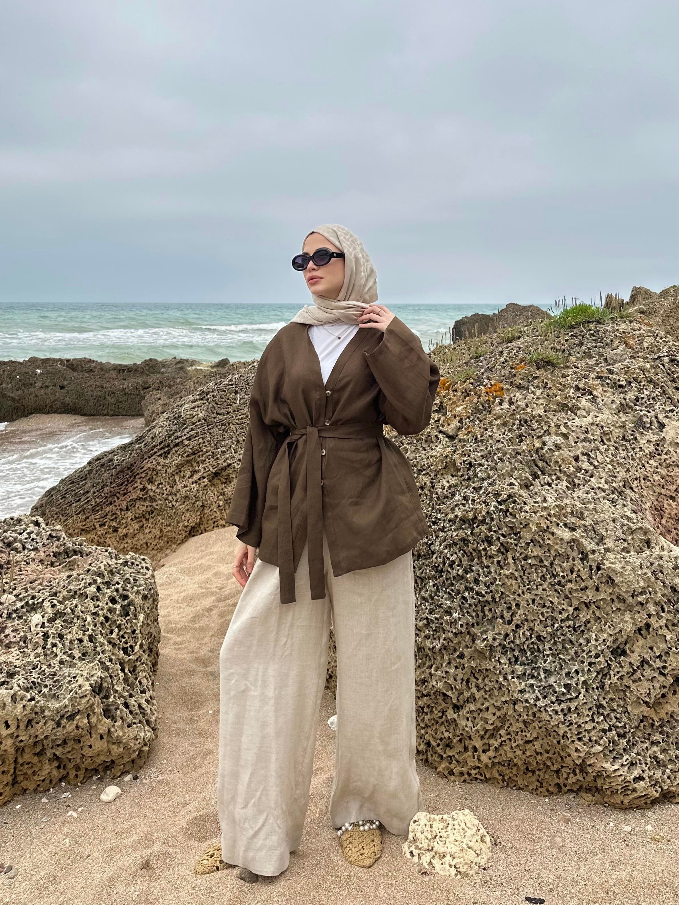 Hakiki Fransız Keten Kimono Kahverengi