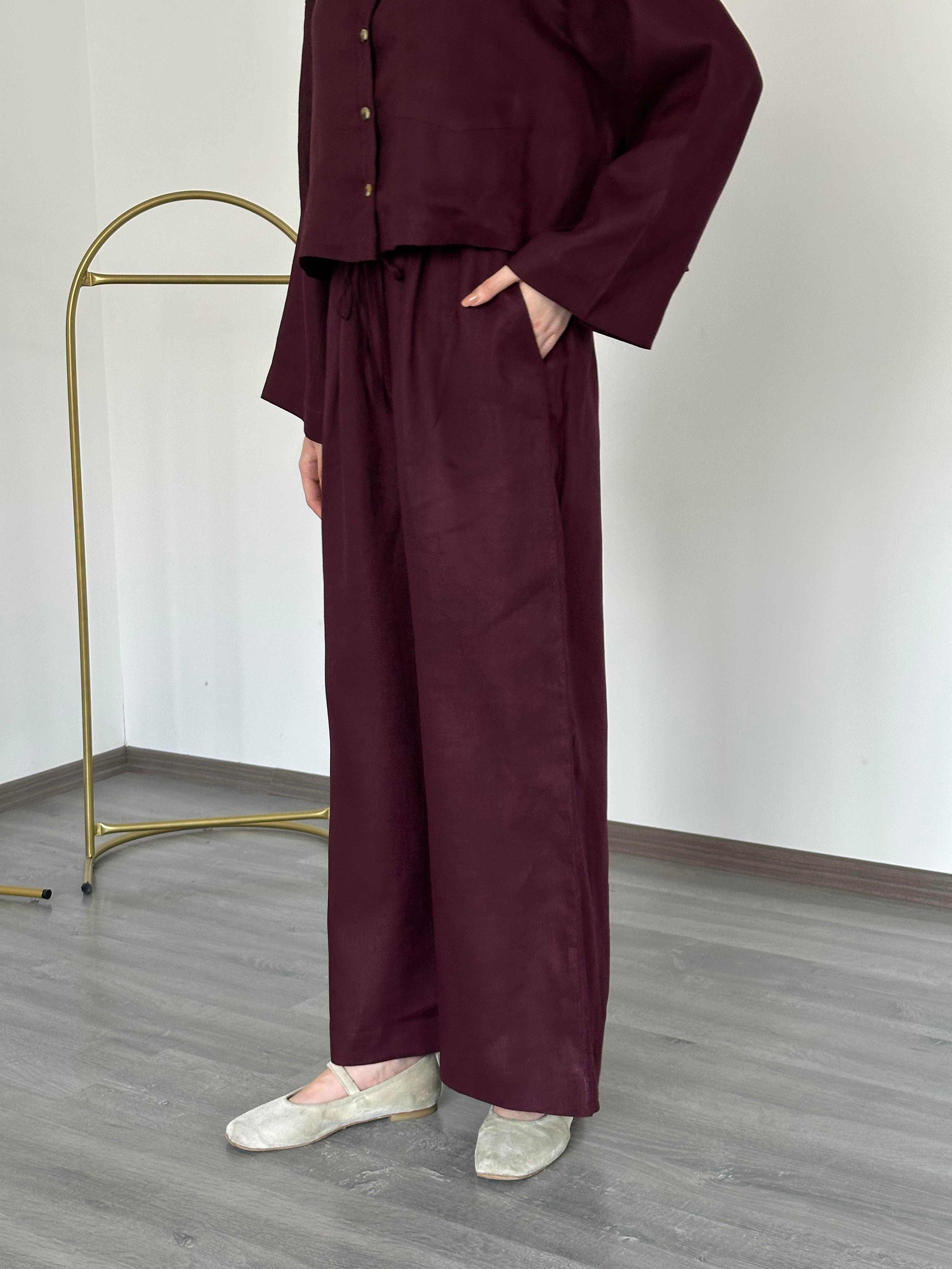 Hakiki Fransız Keten Pantolon Bordo