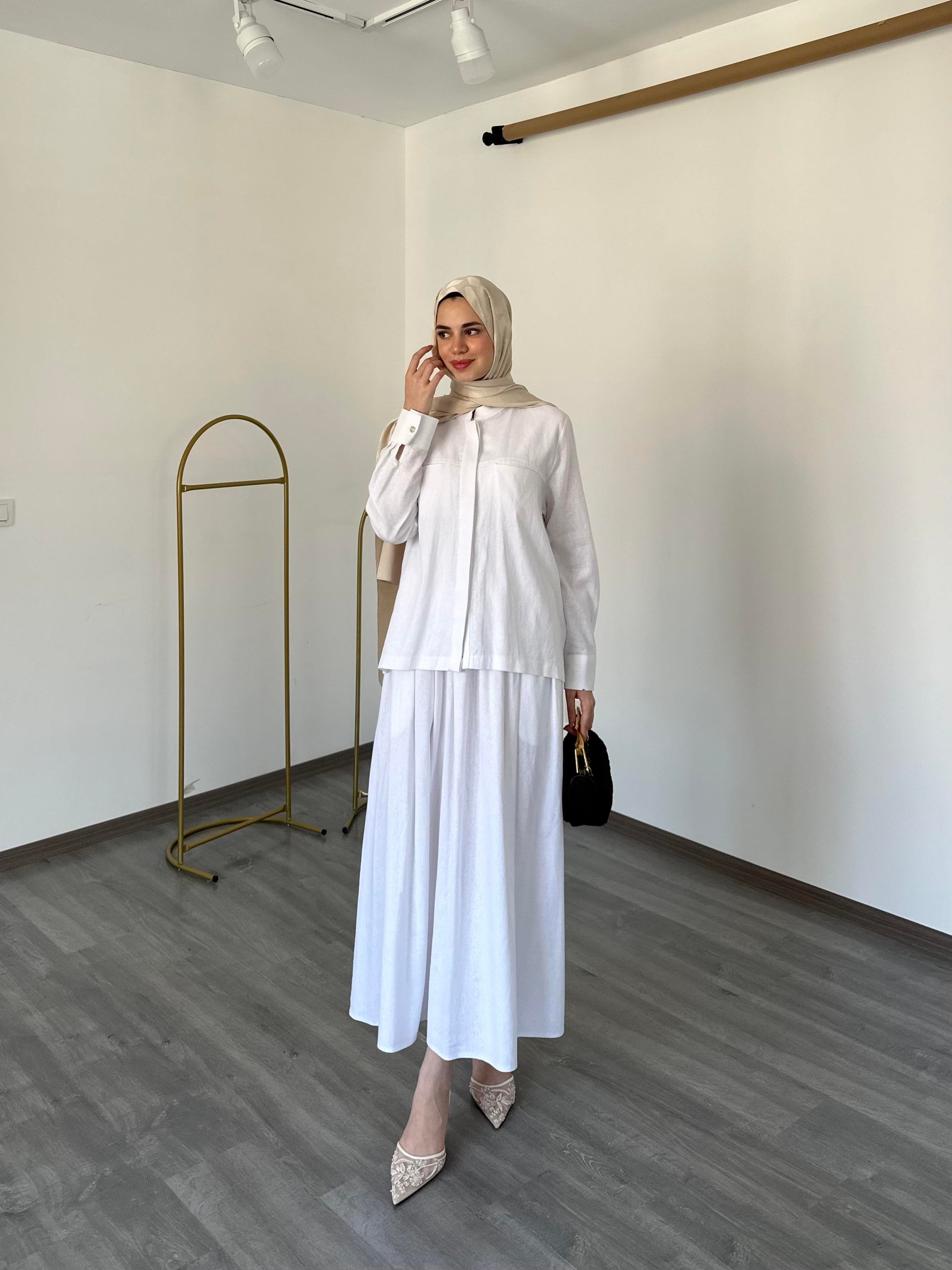 Keten Gömlekli İkili Takım Beyaz