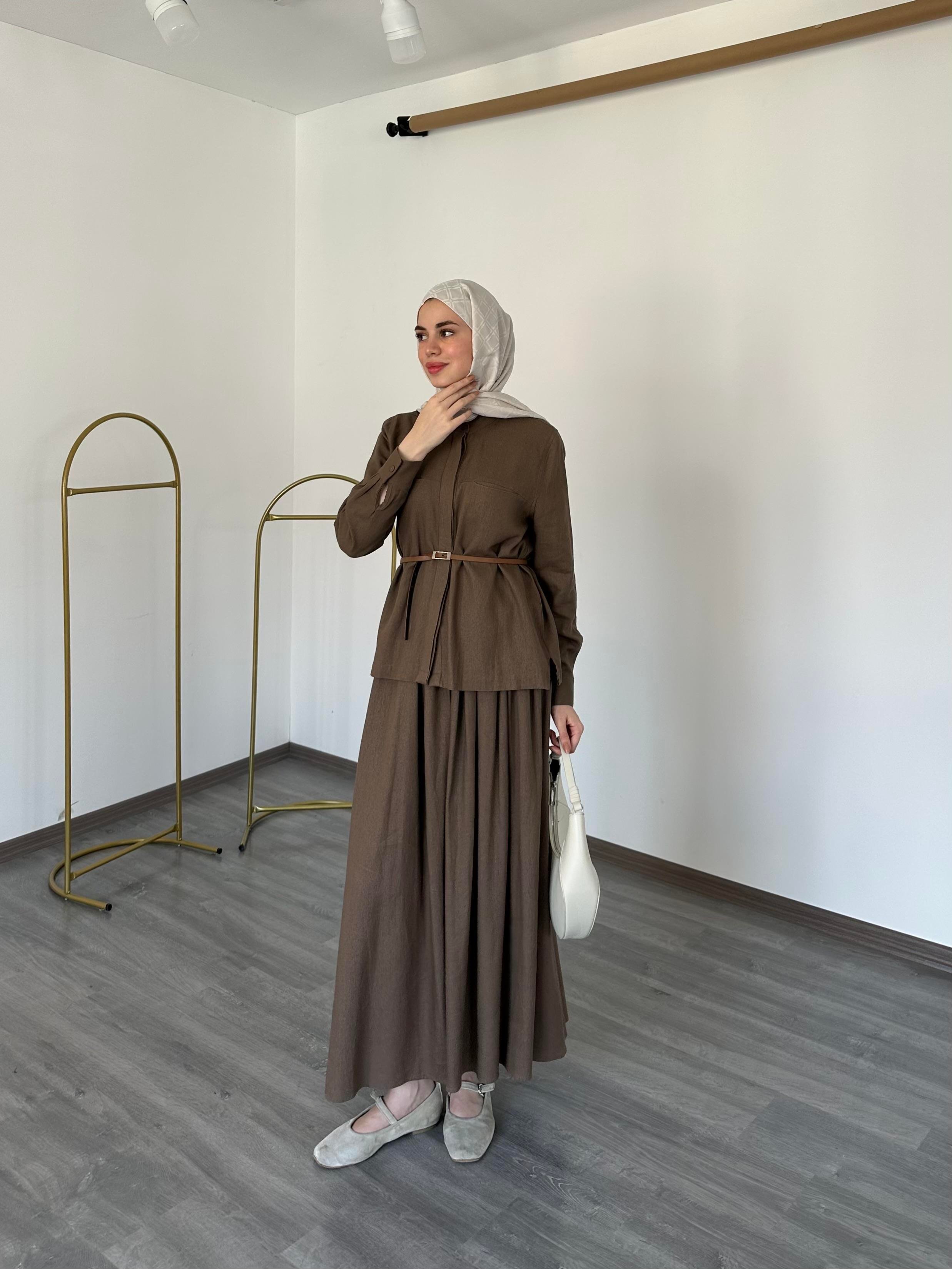 Keten Gömlekli İkili Takım Kahverengi