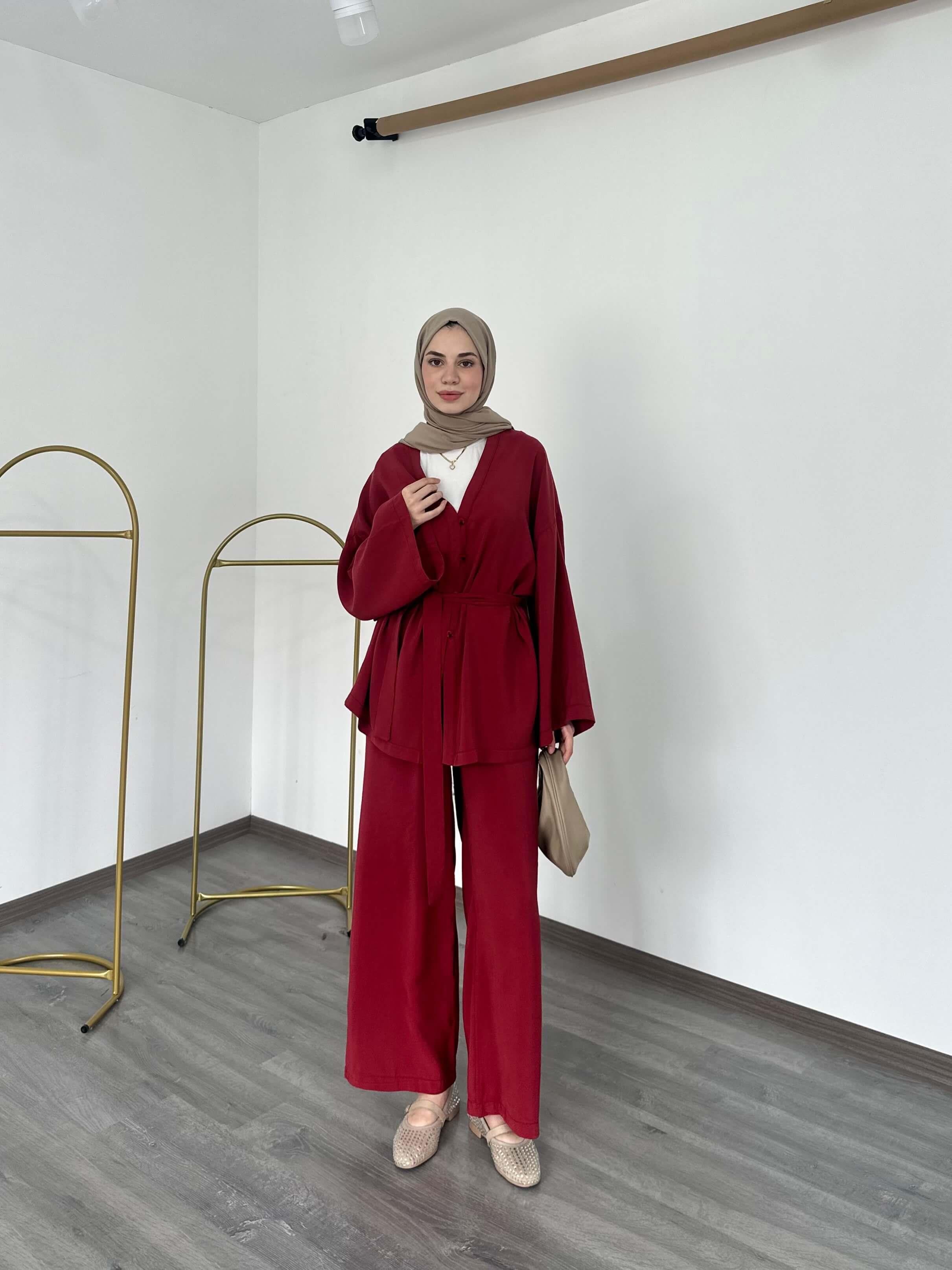 Kimono Model Düğmeli Kuşaklı Bol Paça Pantolonlu Takım Kiremit