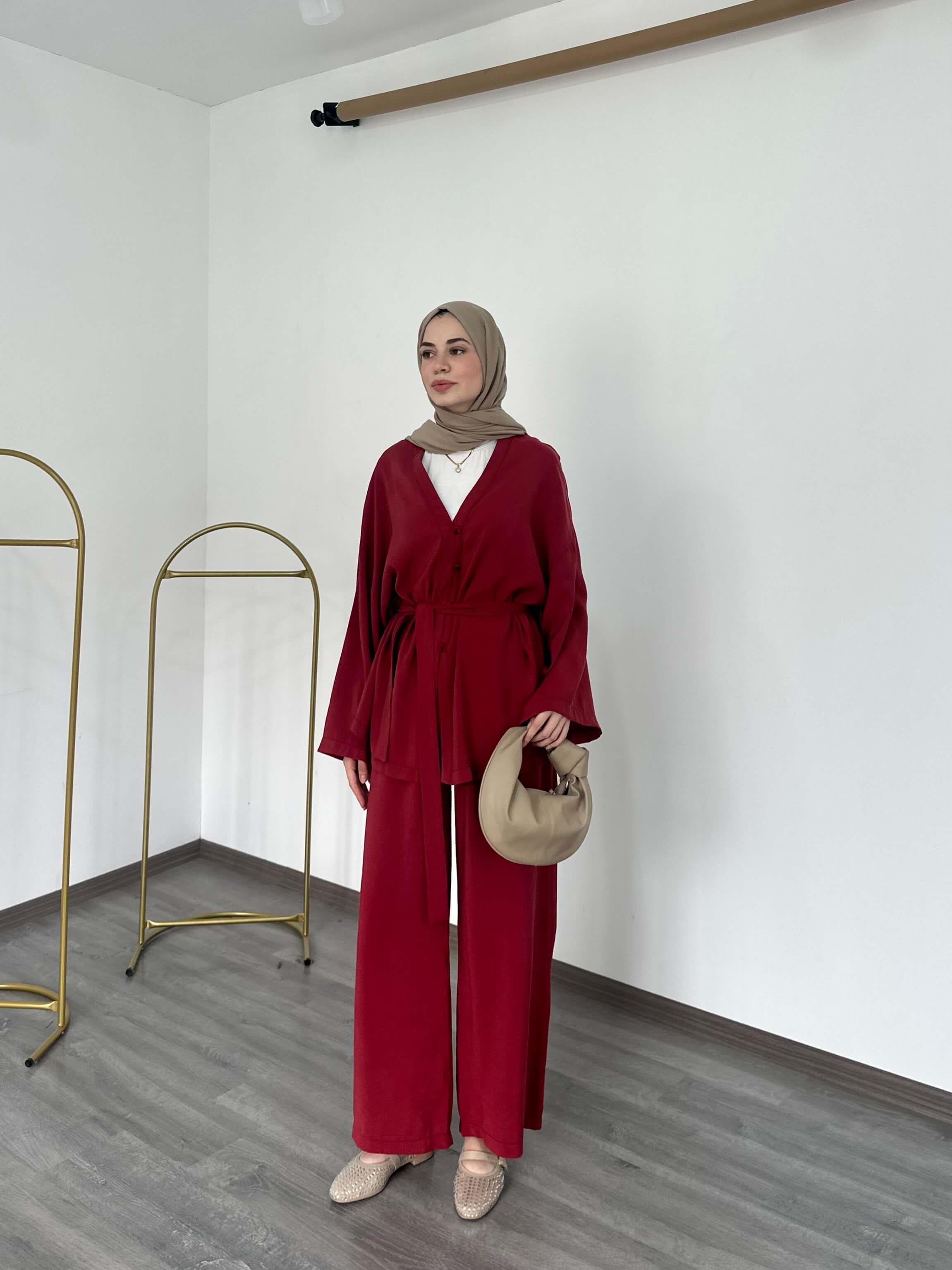 Kimono Model Düğmeli Kuşaklı Bol Paça Pantolonlu Takım Kiremit