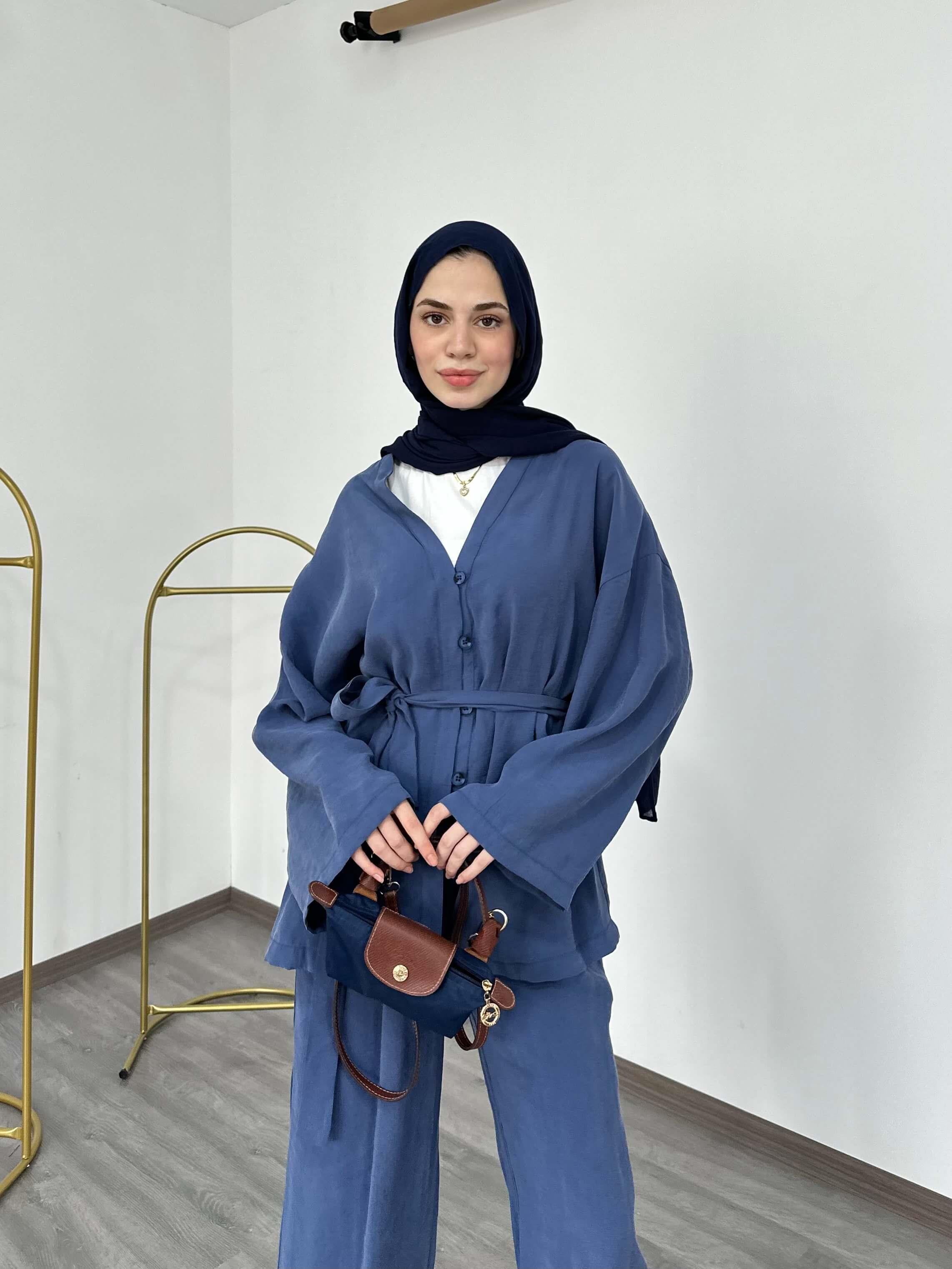 Kimono Model Düğmeli Kuşaklı Bol Paça Pantolonlu Takım Mavi