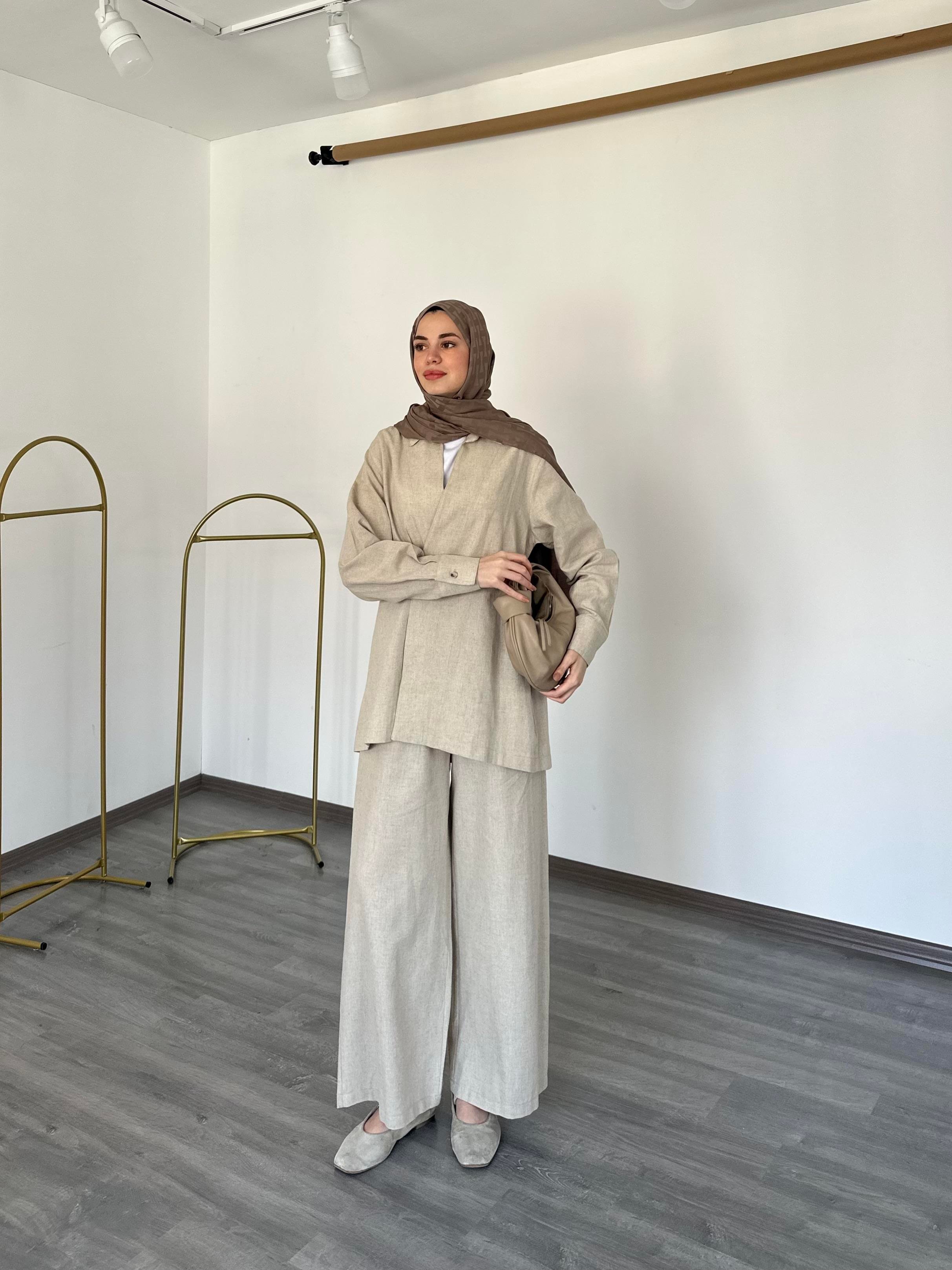 Kimono model tek düğme detaylı İkili Takım Bej