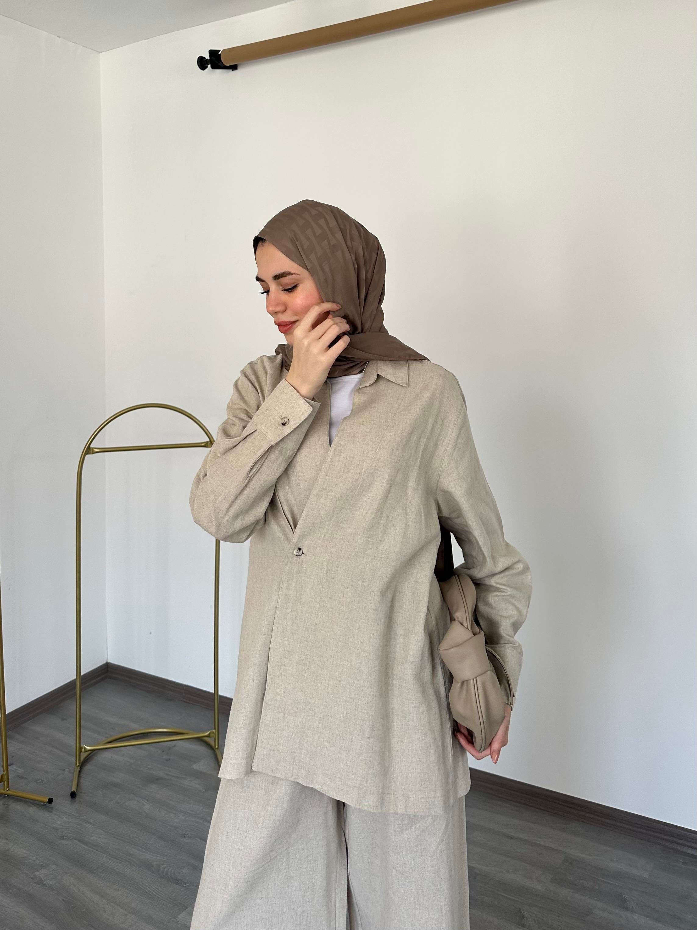 Kimono model tek düğme detaylı İkili Takım Bej