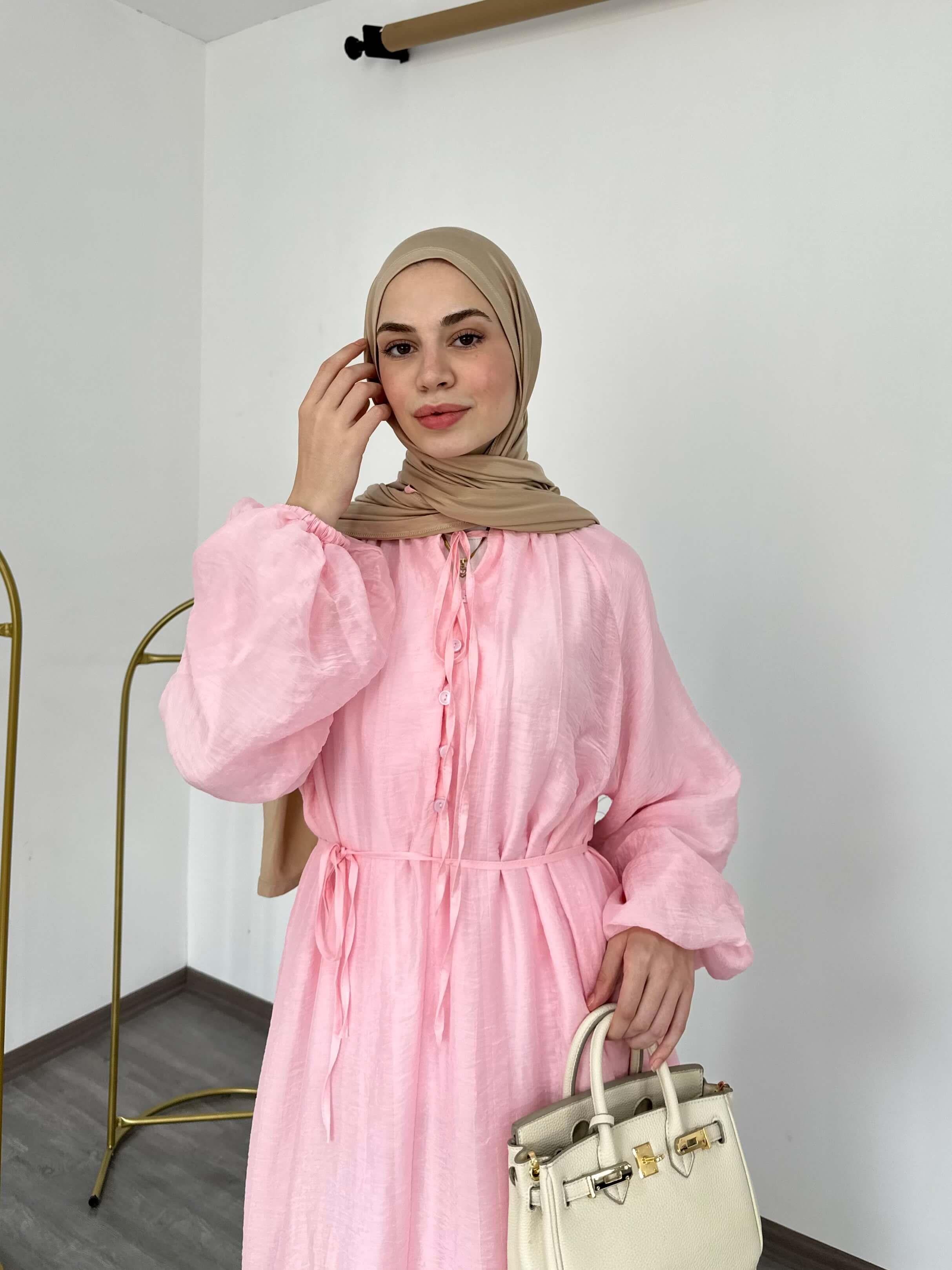 Modal ve Tül Kumaş Balon Kol Kuşak Detaylı Elbise Pembe