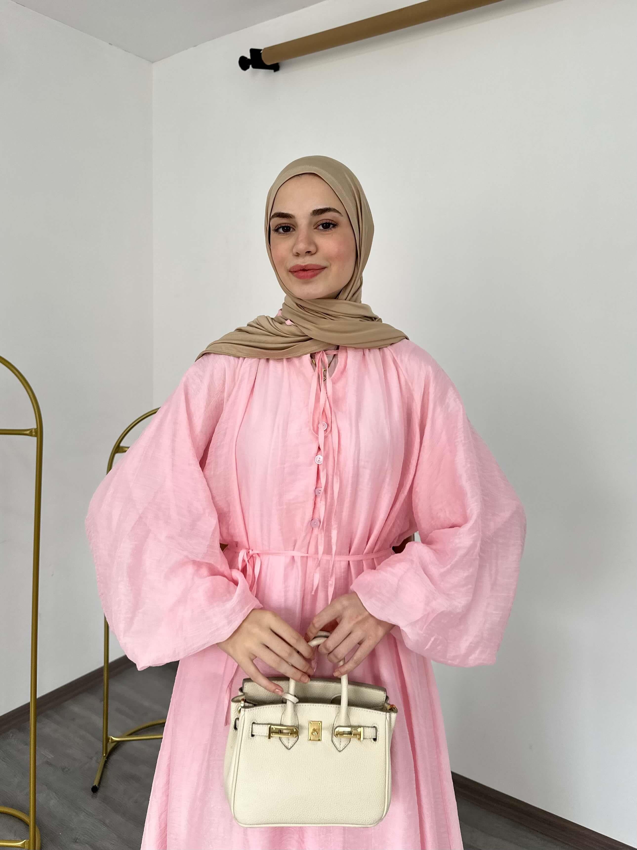 Modal ve Tül Kumaş Balon Kol Kuşak Detaylı Elbise Pembe