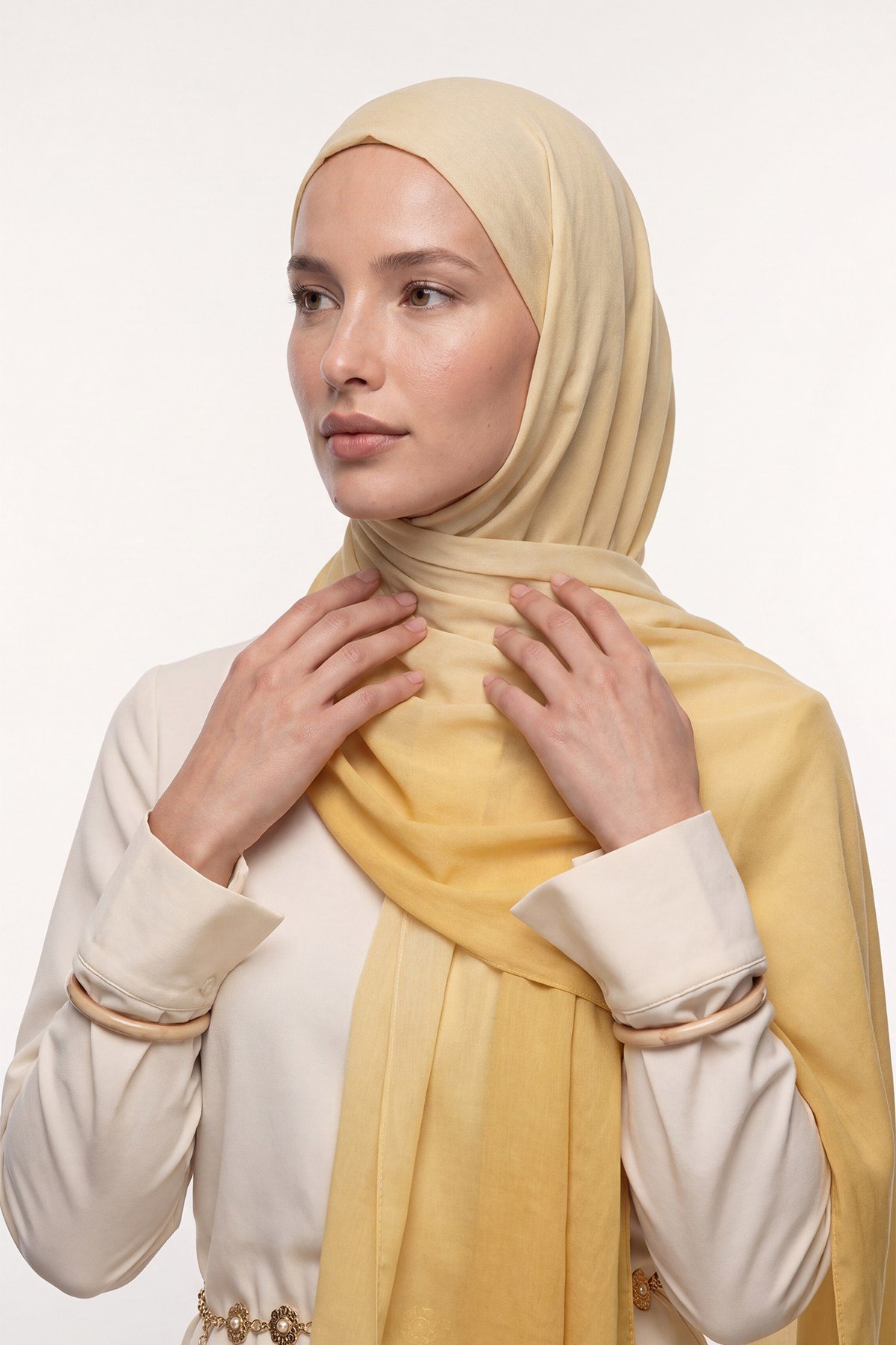 Desenli İpek Şal | Pastel Sarı