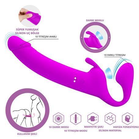Belden Bağlamalı PenislerManyetik USB Şarjlı Klitoris Darbe Modlu Çift Taraflı Strapon Teknolojik G-Spot Vajinal Vibratör - ZaniniLilituShop