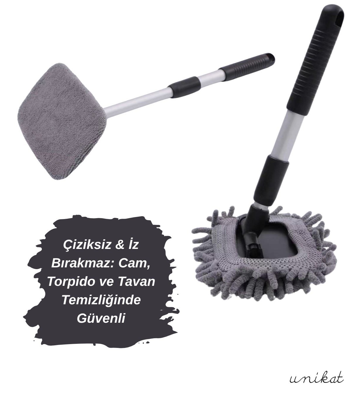 180° Döner Başlıklı Teleskopik Araç Cam ve Torpido Temizleme Aparatı – 3 Farklı Mikrofiber Bezli