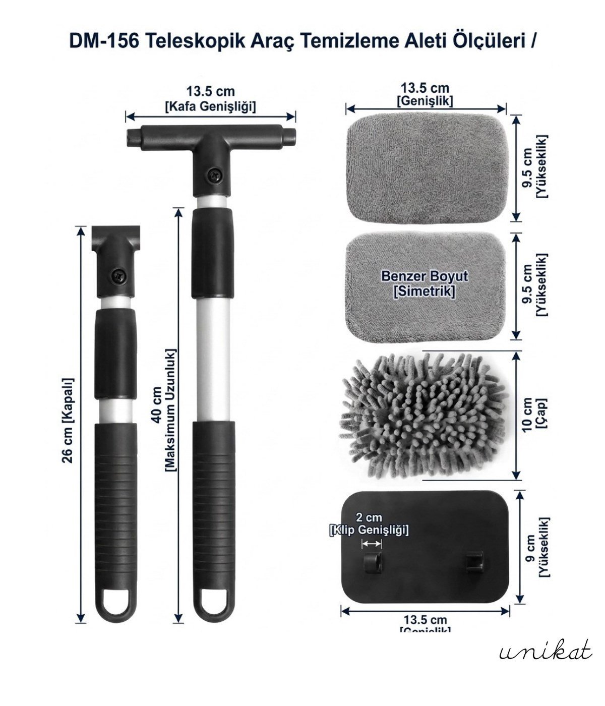 180° Döner Başlıklı Teleskopik Araç Cam ve Torpido Temizleme Aparatı – 3 Farklı Mikrofiber Bezli
