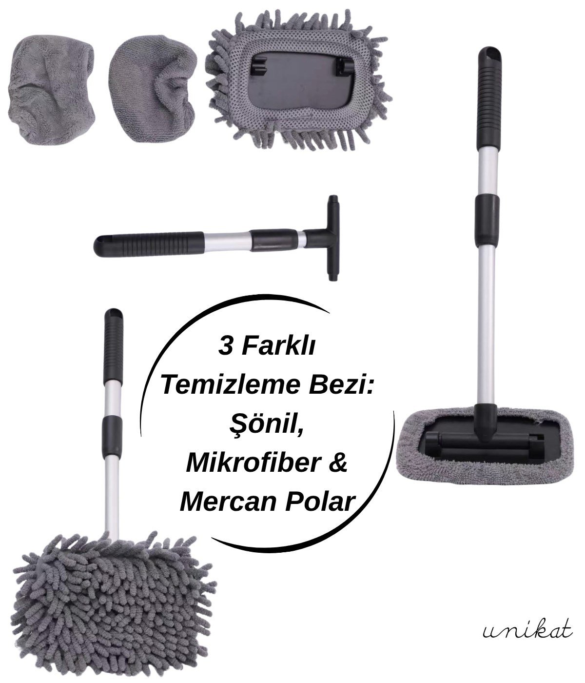 180° Döner Başlıklı Teleskopik Araç Cam ve Torpido Temizleme Aparatı – 3 Farklı Mikrofiber Bezli