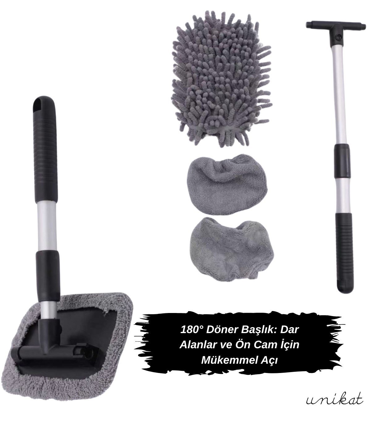 180° Döner Başlıklı Teleskopik Araç Cam ve Torpido Temizleme Aparatı – 3 Farklı Mikrofiber Bezli