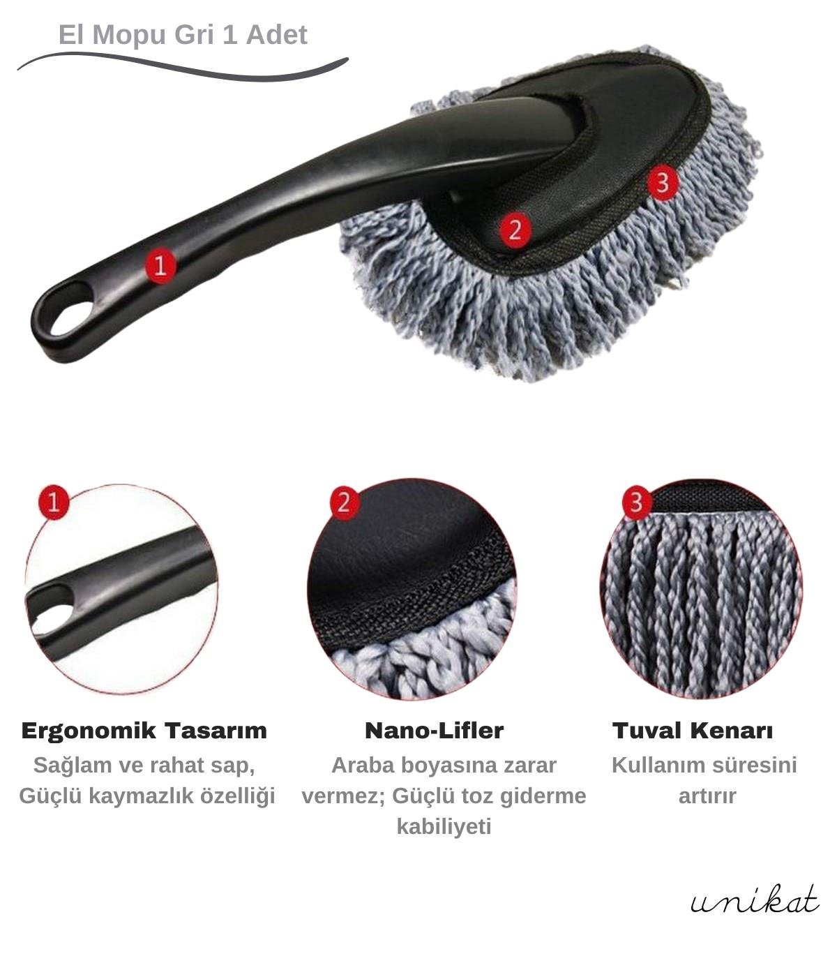 BAYİ ÜRÜNÜ Makarna El Mopu Mini Mikrofiber Toz Alma ve Islak-Kuru Temizleme Fırçası 1 Adet Gri