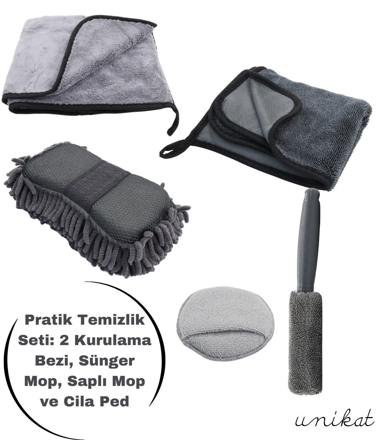 Pratik Temizlik Seti 2 Farklı Kurulama Bezi, Sünger Mop, Saplı Jant Mopu ve Mikrofiber Aplikatör