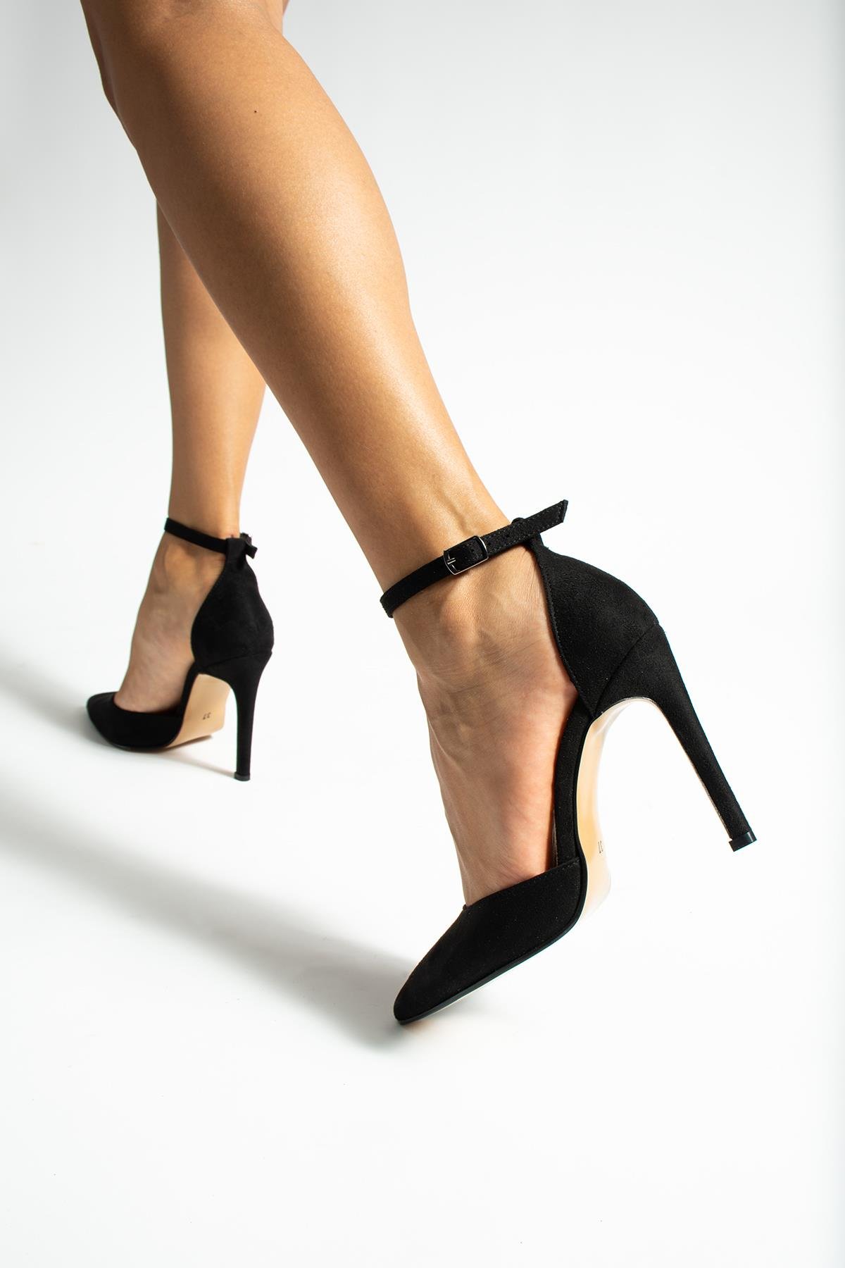 Golden heel 10,5 cm siyah süet Stiletto Sivri Burun Kadın Topuklu Ayakkabı