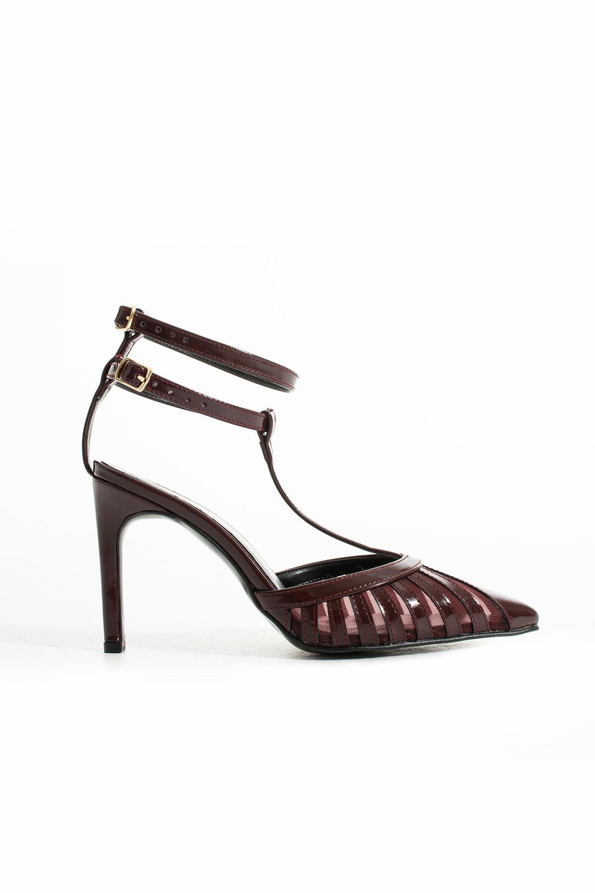 Golden heel bordo rugan fileli cif kemerli 8.5 cm sivri burun stiletto ince topuklu kadın ayakkabı