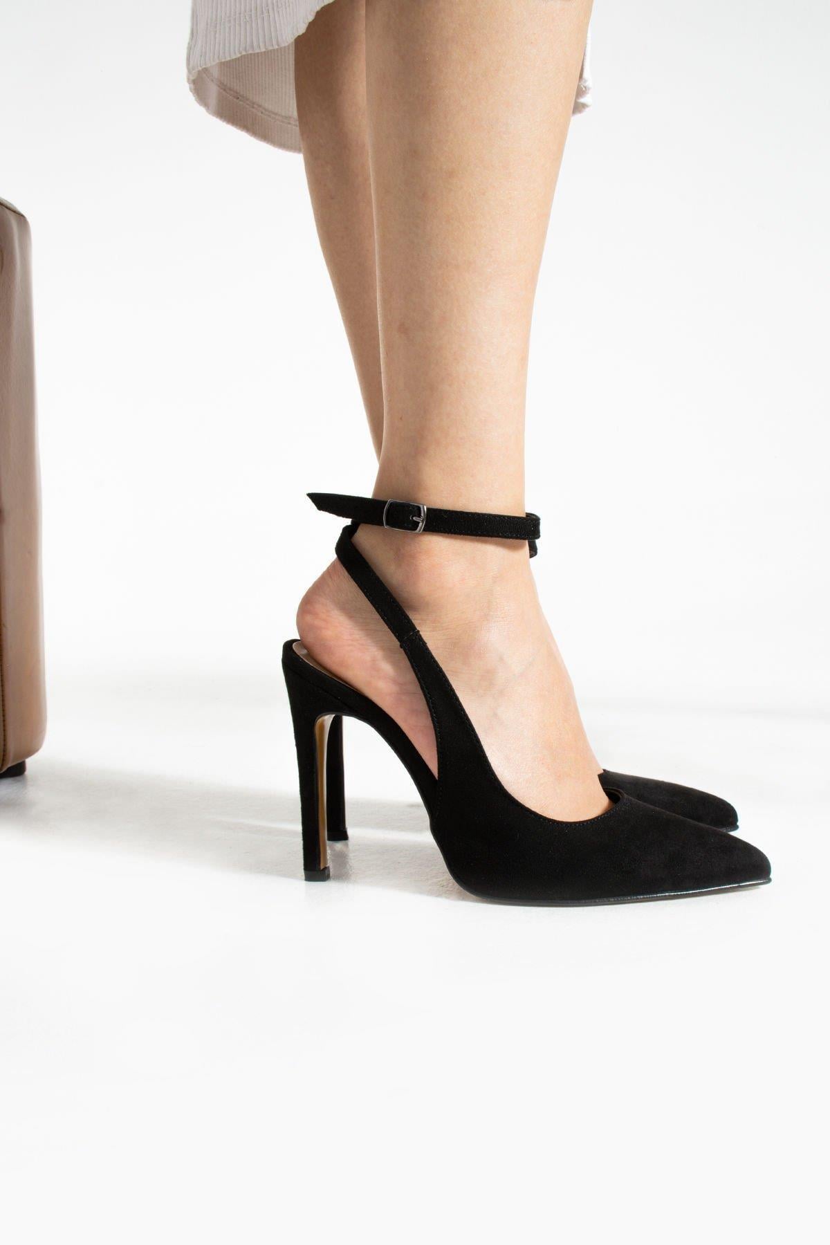 La limar 10.5 cm siyah süet bilekten bağlamalı stiletto topuklu ayakkabı 2191