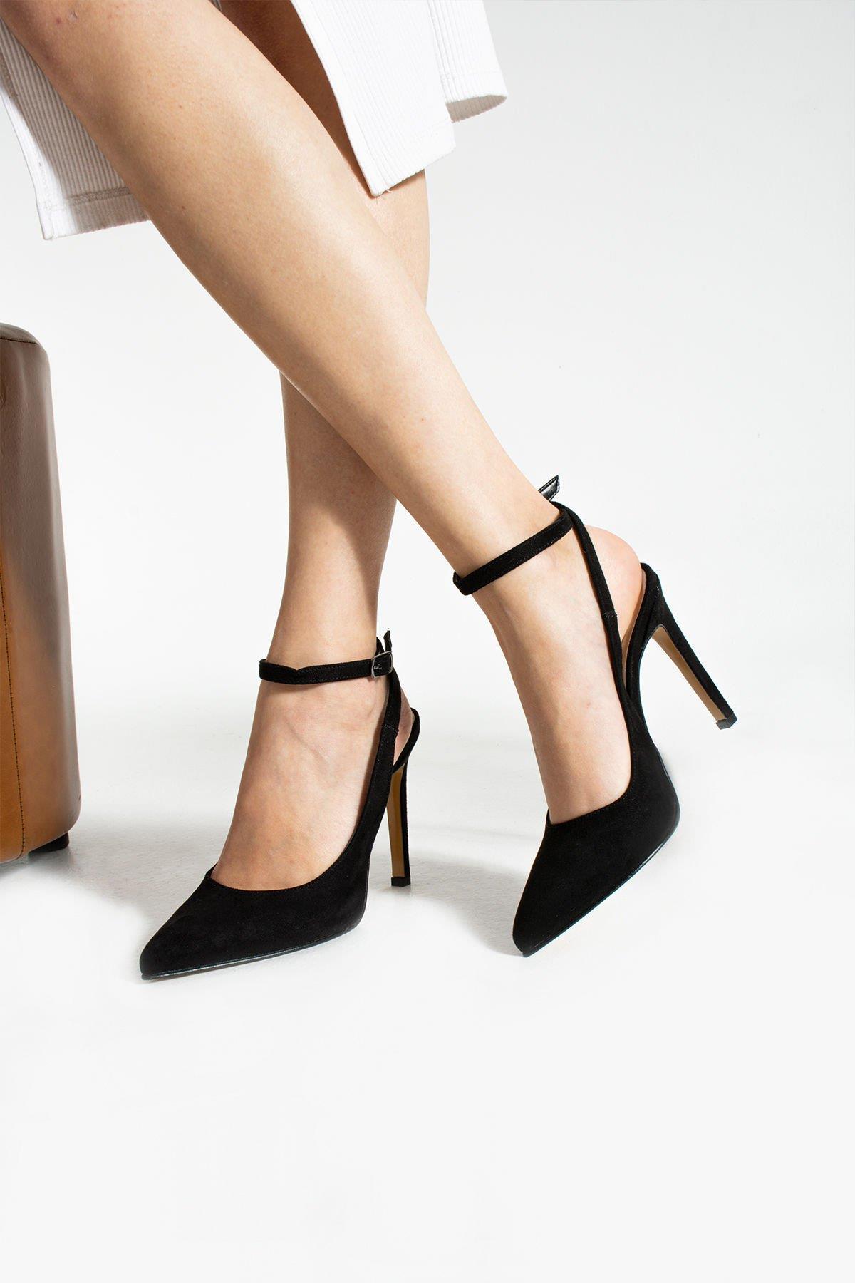La limar 10.5 cm siyah süet bilekten bağlamalı stiletto topuklu ayakkabı 2191
