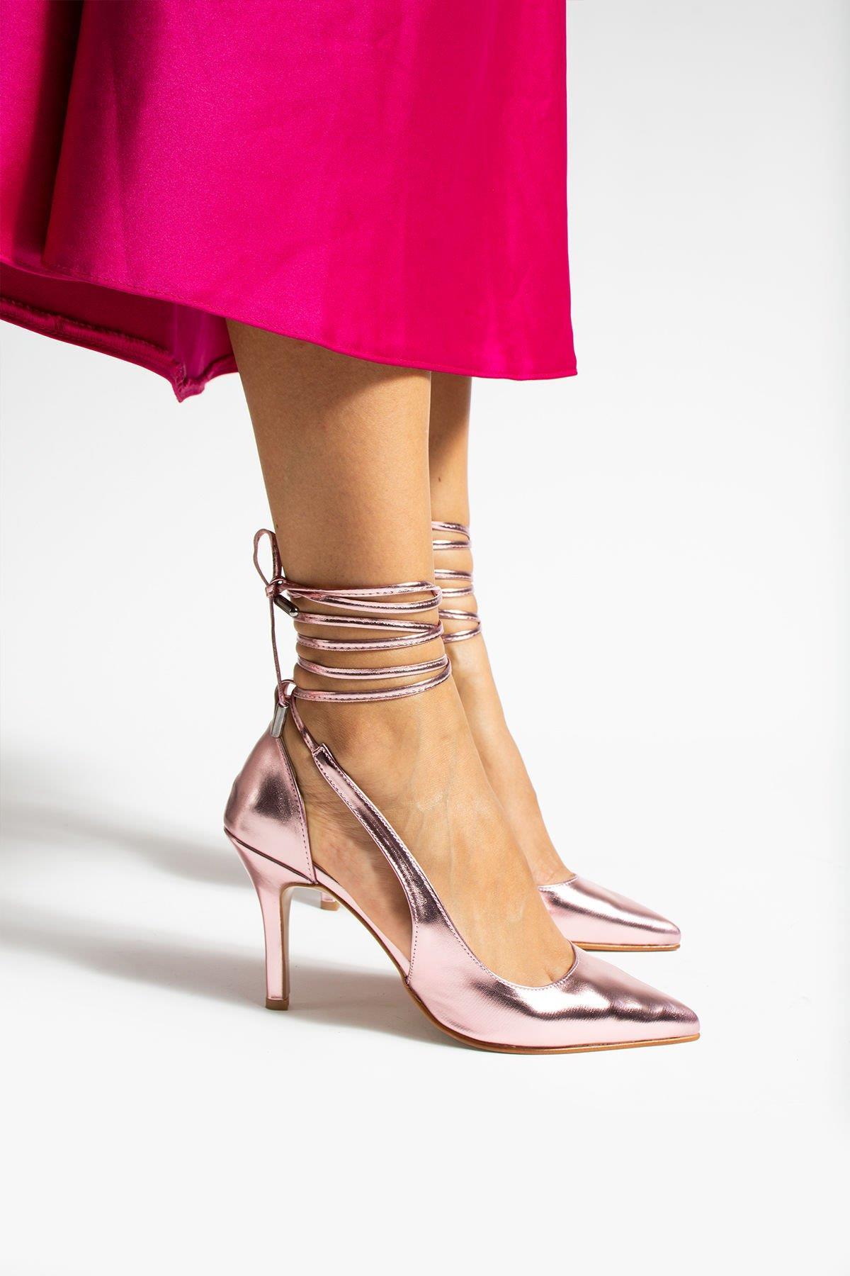 La limar 8.5 cm rose ipli bilekten bağlamalı stiletto topuklu ayakkabı 2173