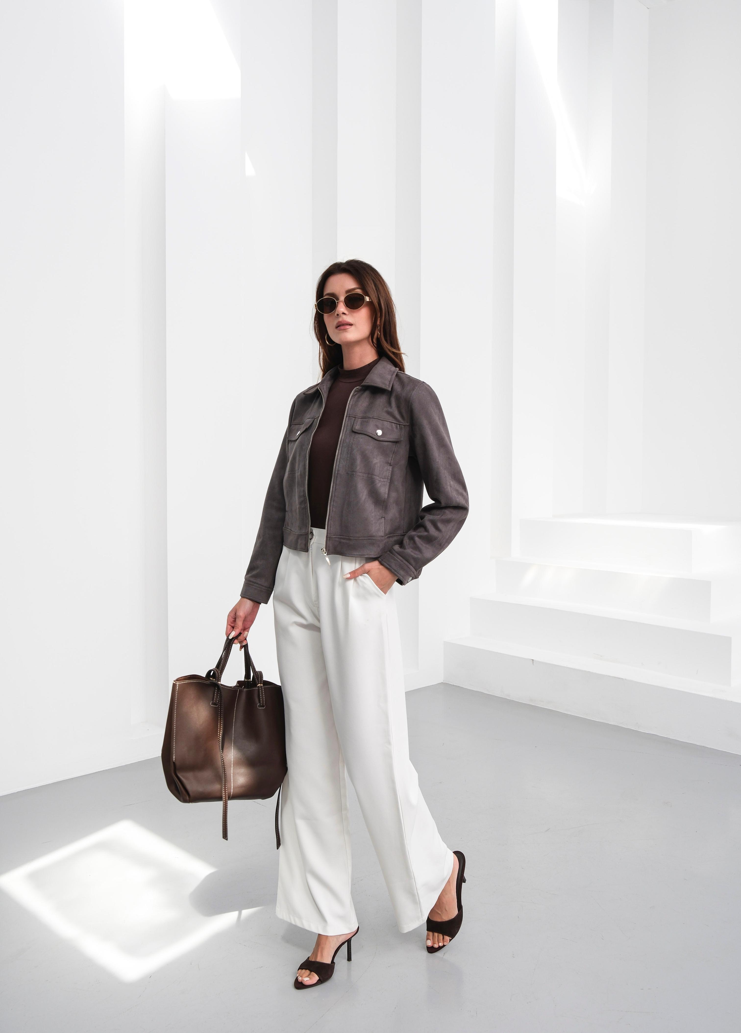 Cep Detaylı Süet Kadın Ceket Gri