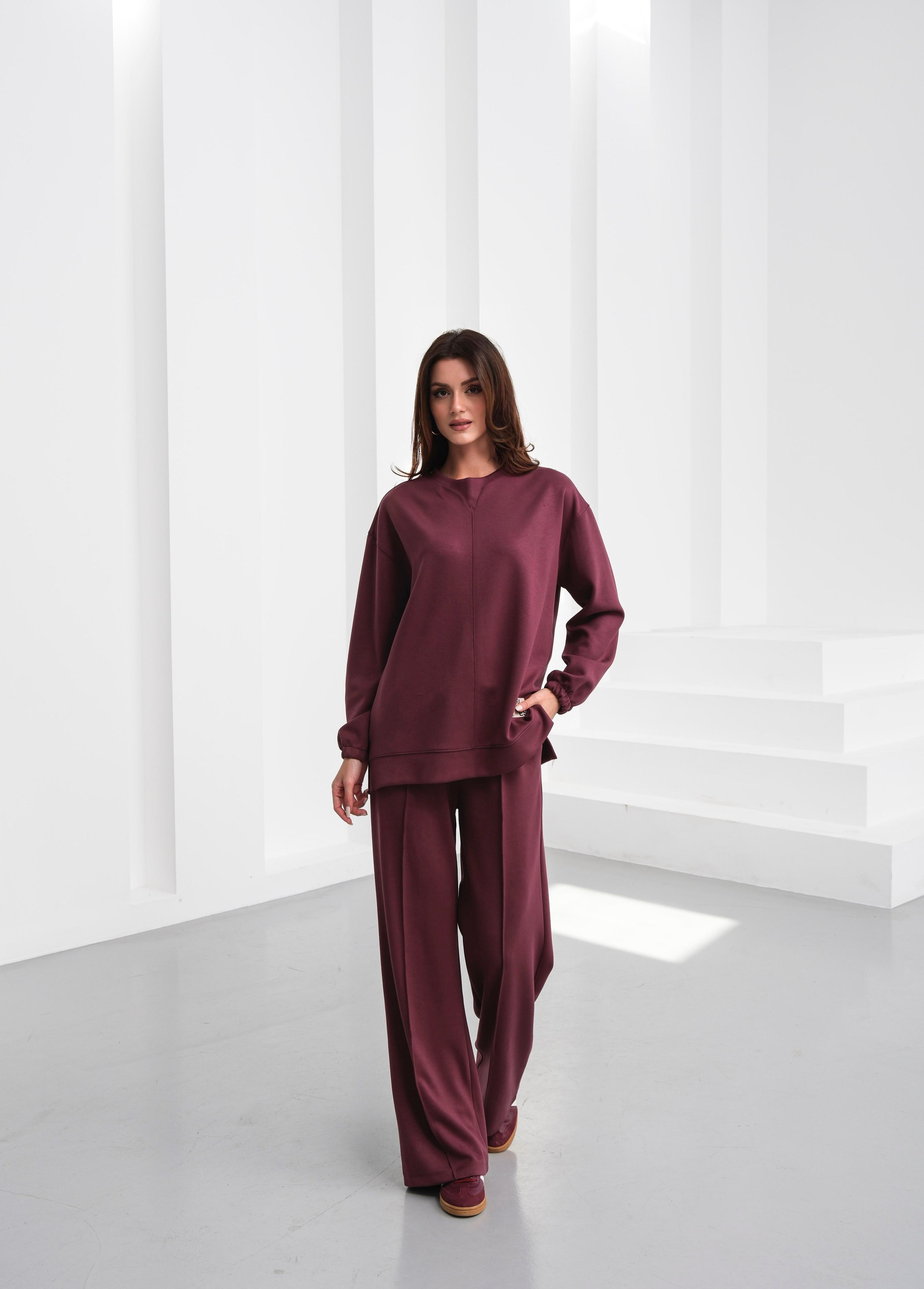 Detaylı Viskon Kumaşlı Takım Bordo