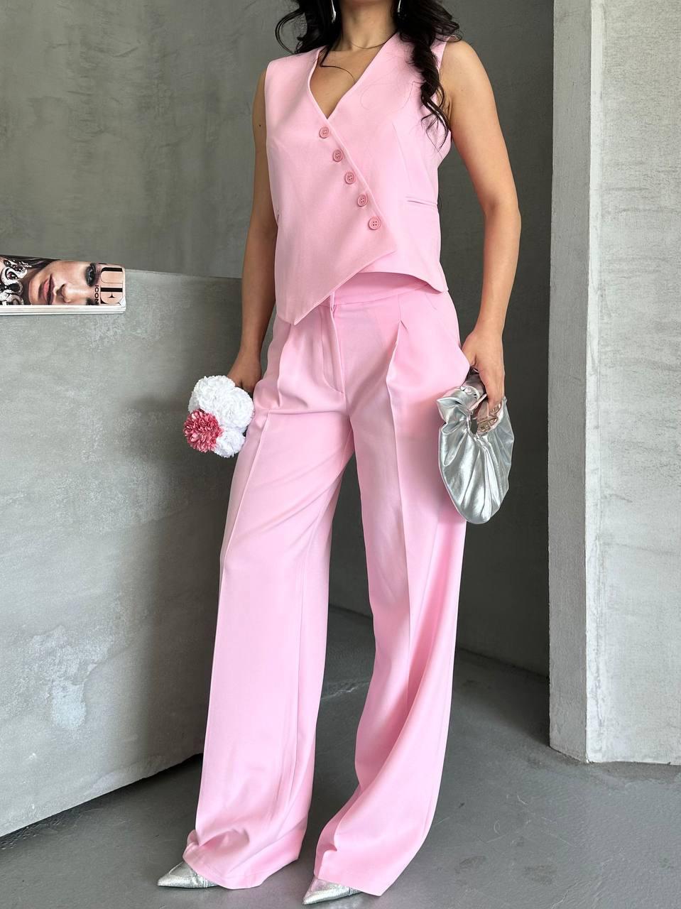 Pembe Çapraz Düğmeli Atlas Kumaş Takım