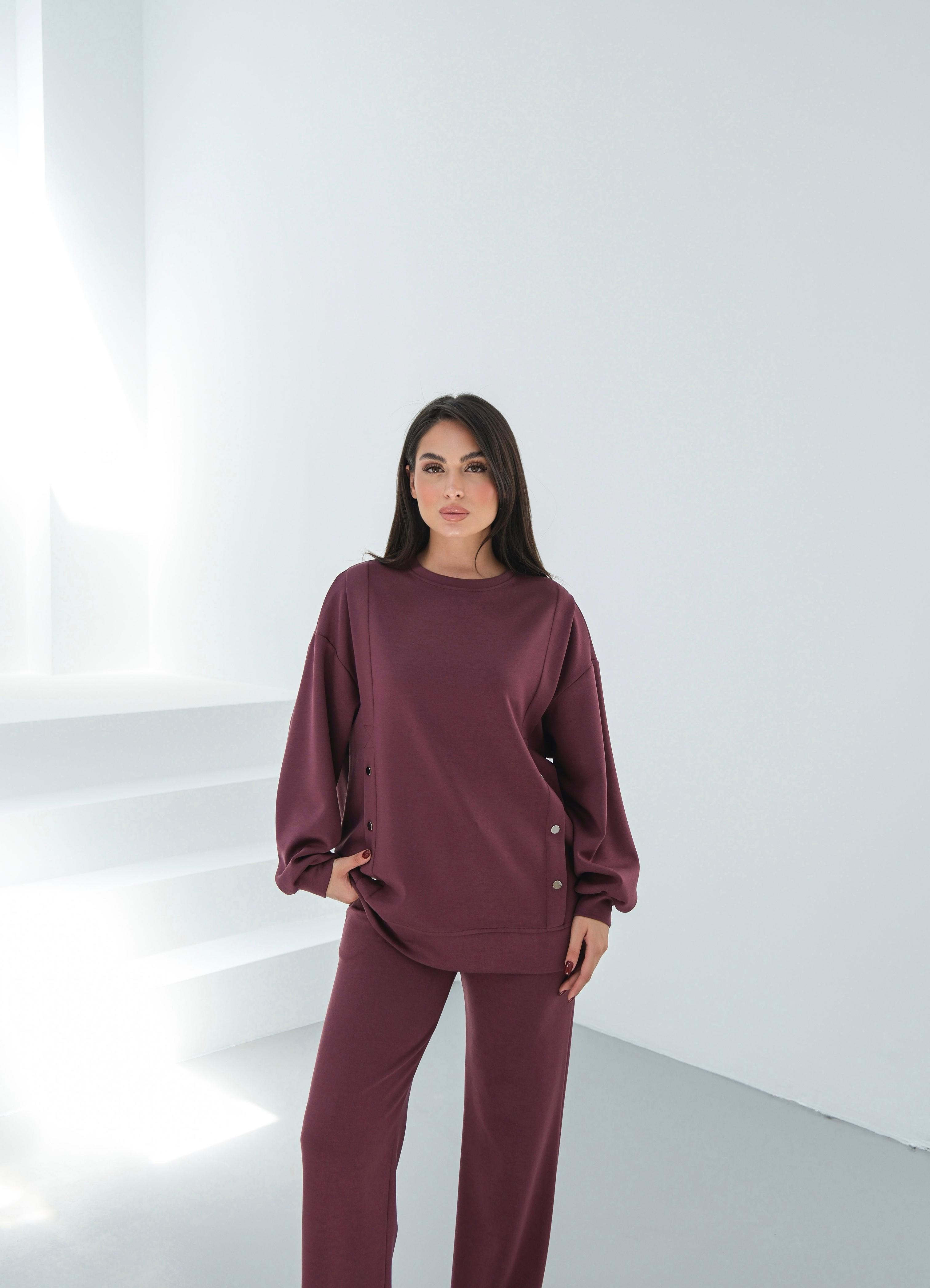 Viskon Kumaşlı Düğme Detaylı Takım Bordo