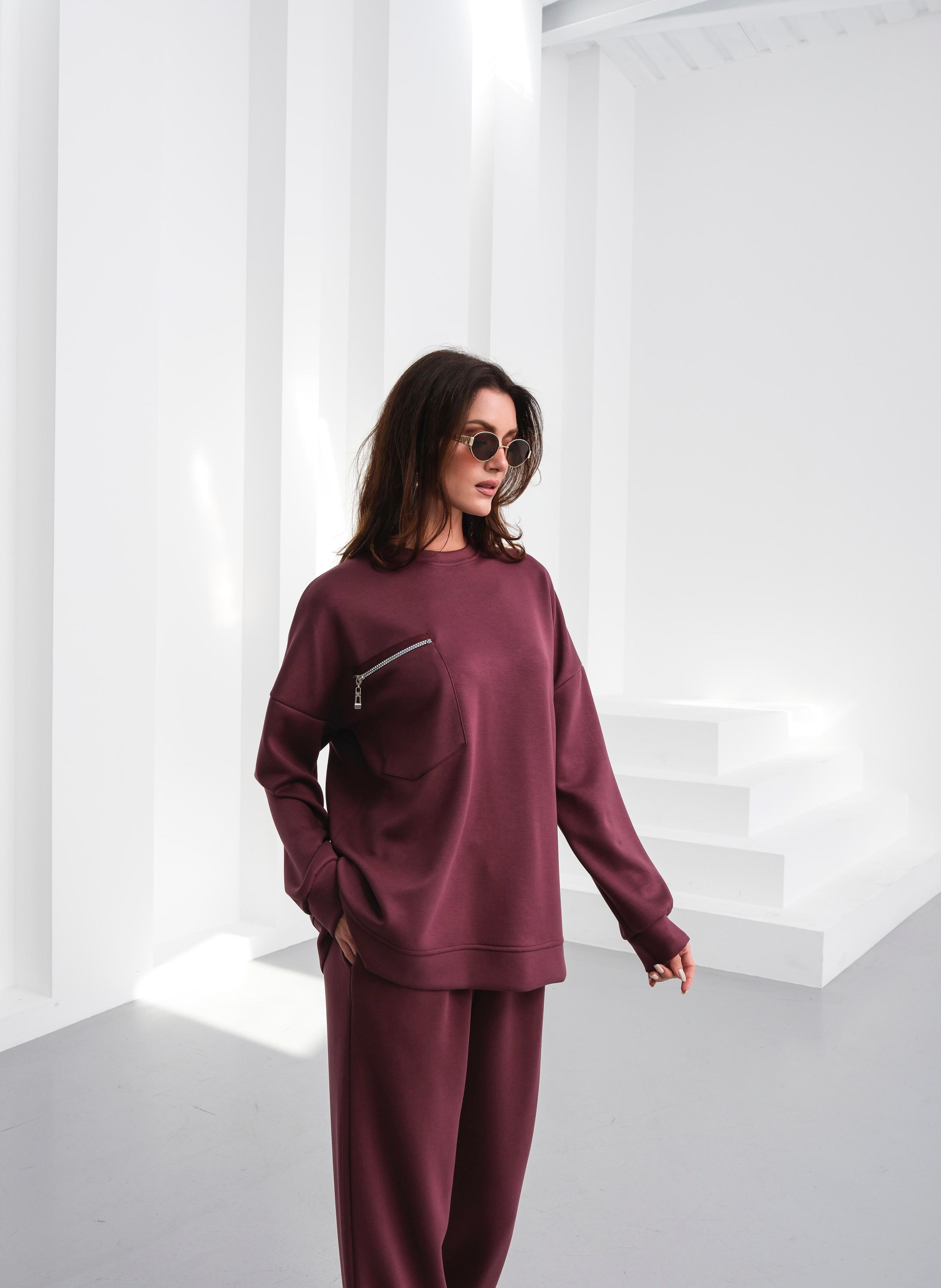 Viskon Kumaşlı Fermuar Detaylı Takım Bordo
