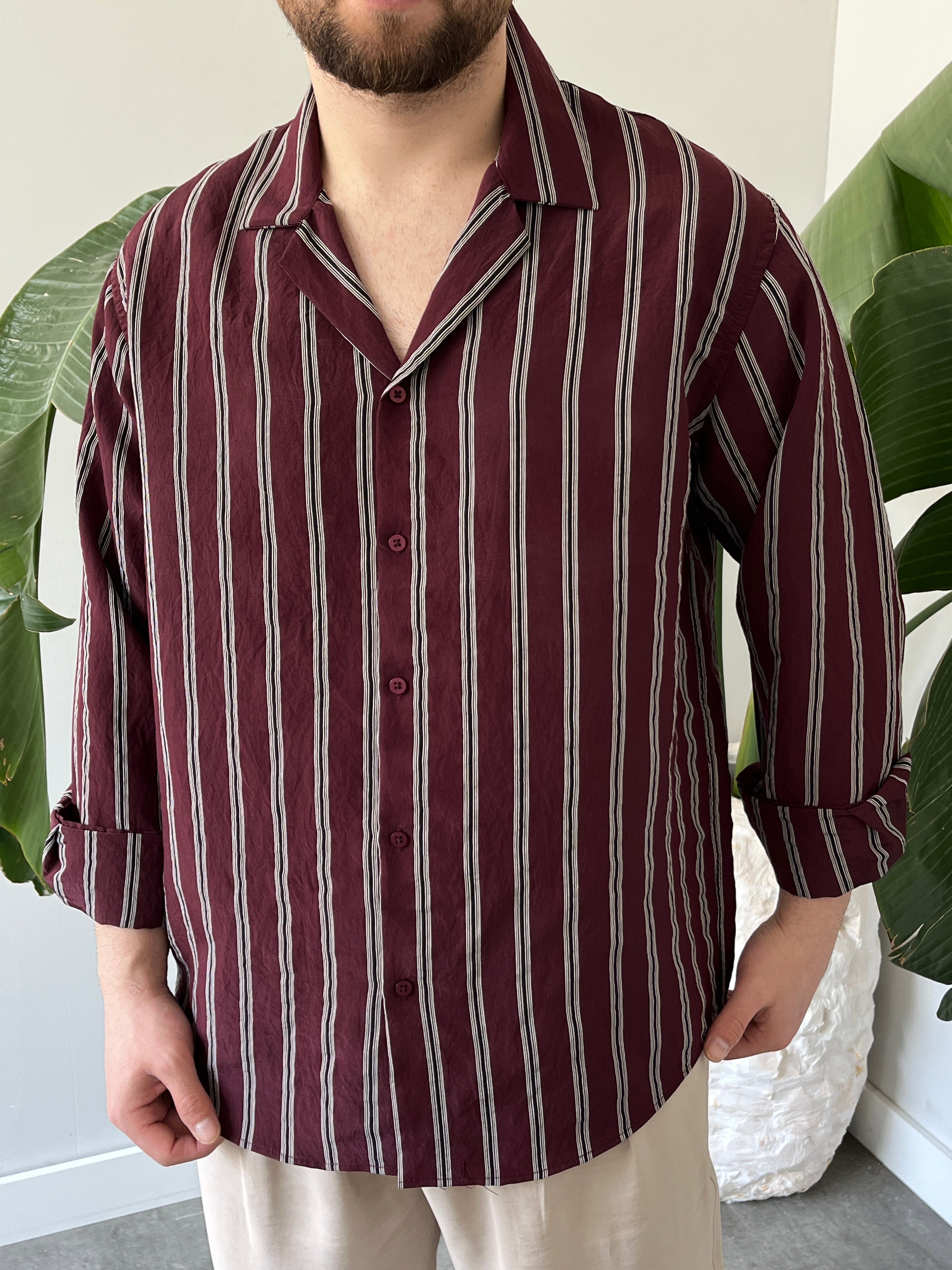Apaş Yaka Çizgili Oversize Gömlek Bordo