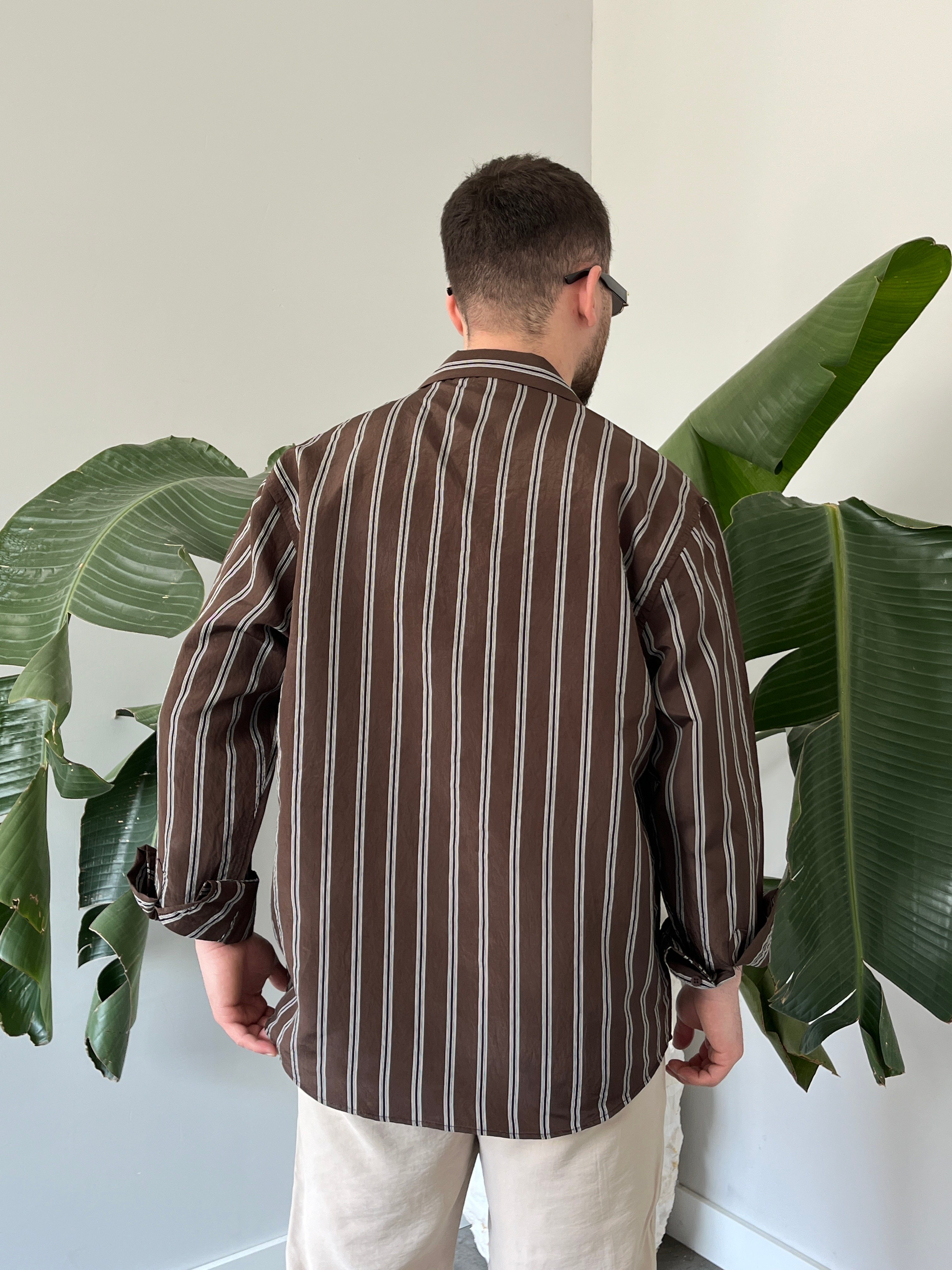 Apaş Yaka Çizgili Oversize Gömlek Kahverengi