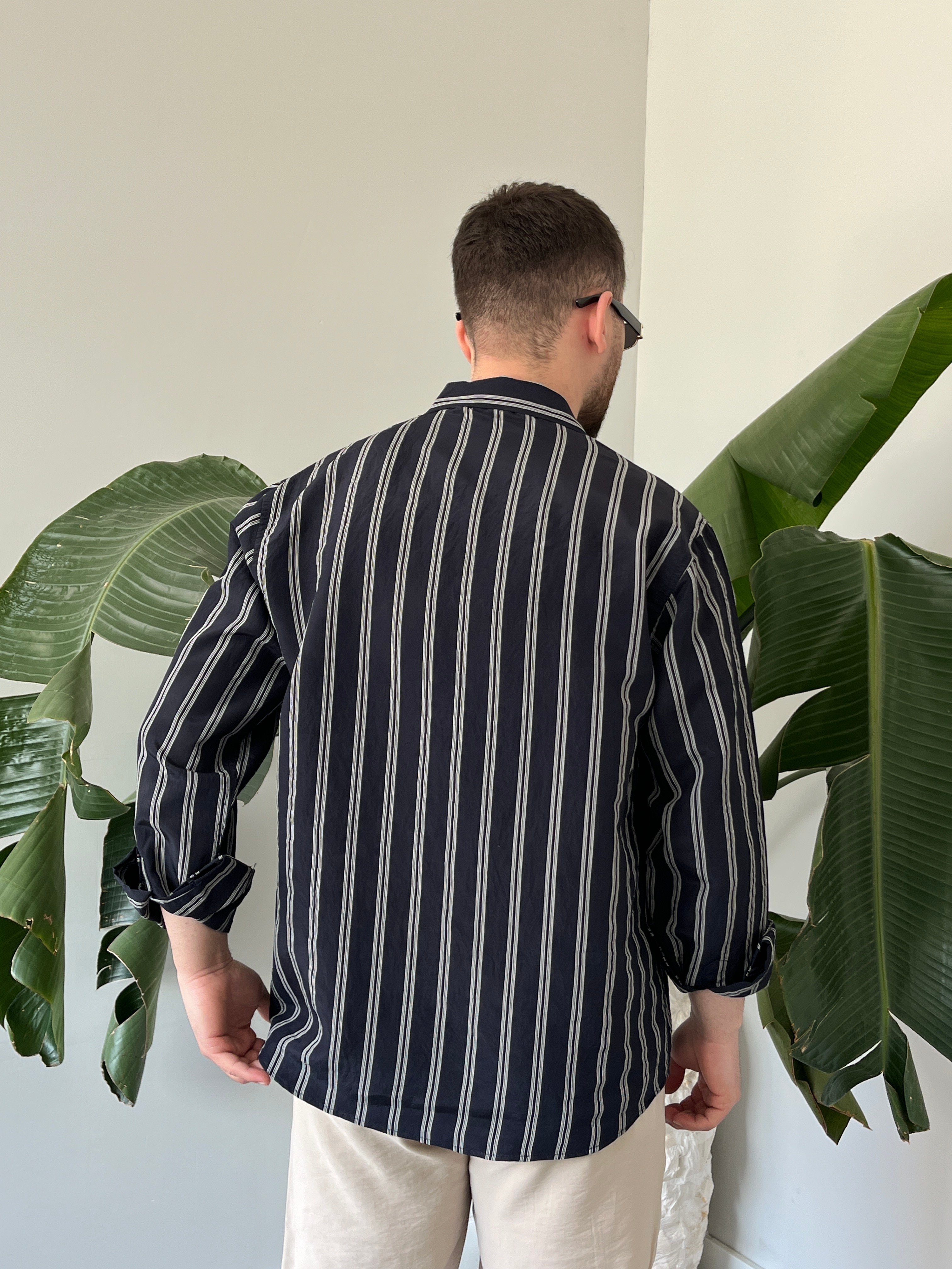 Apaş Yaka Çizgili Oversize Gömlek Lacivert