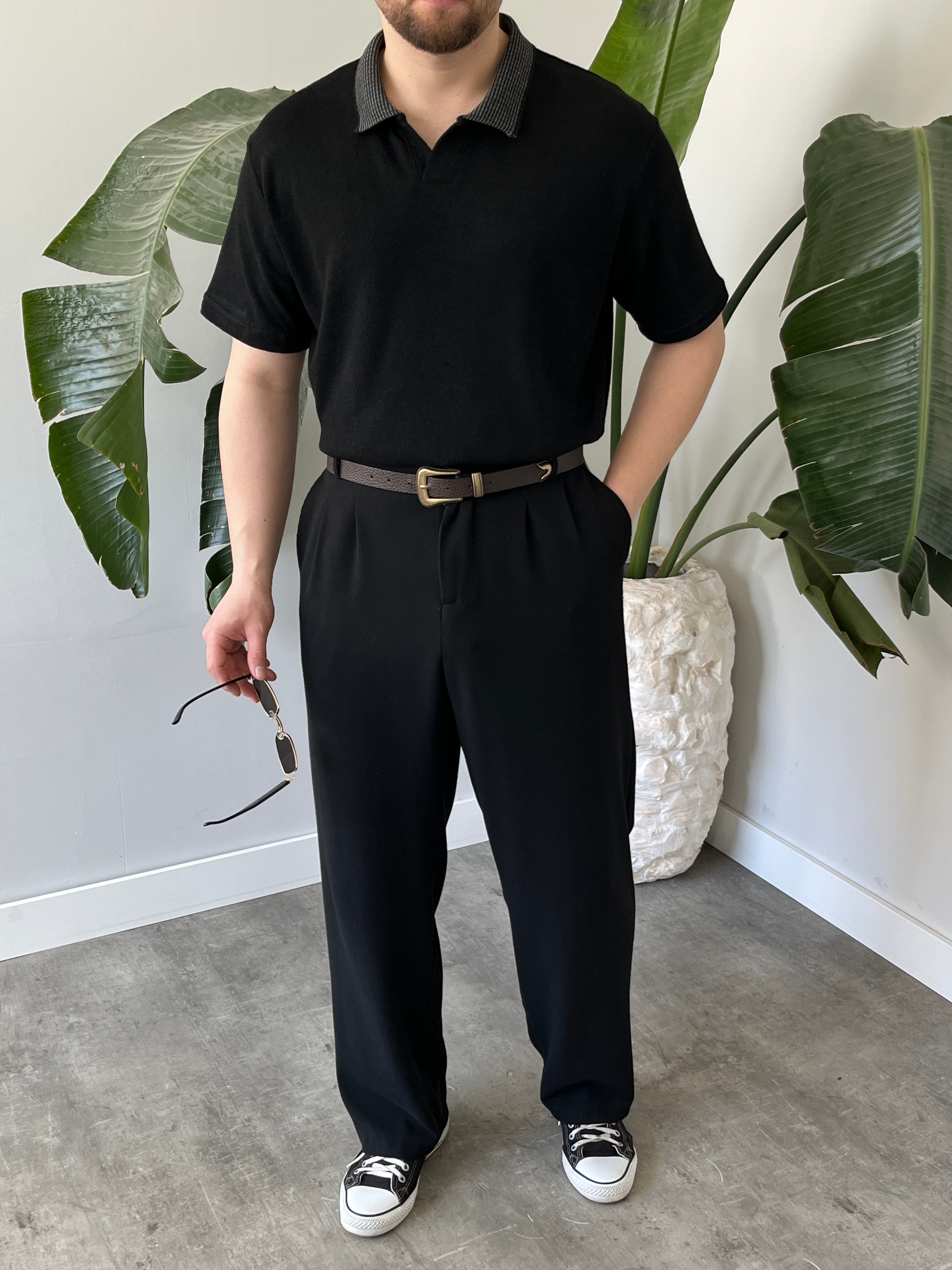 Basic Polo Yaka Siyah   Tişört 