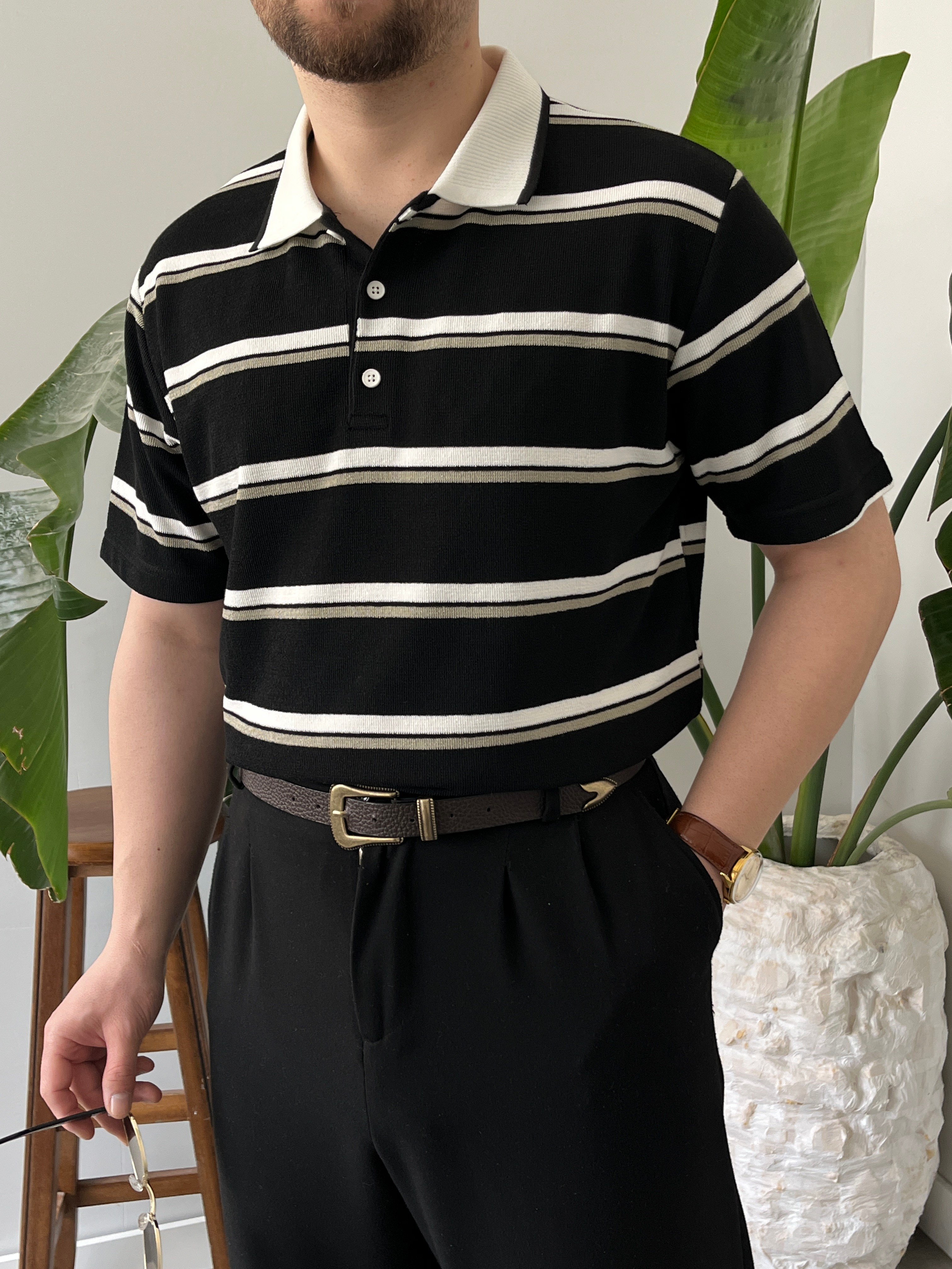 Basic Siyah Çizgili Polo Tişört 