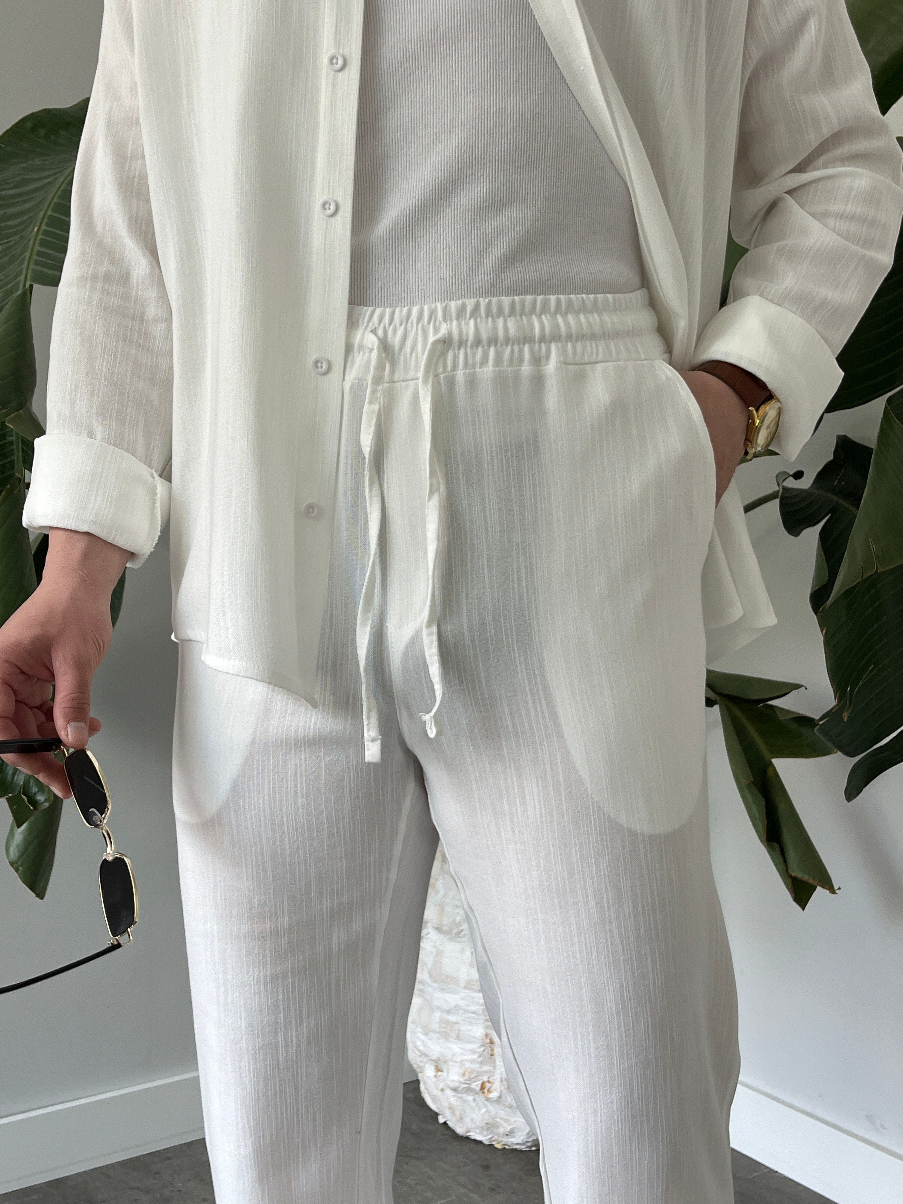 Beyaz Serra Keten Oversize Takım