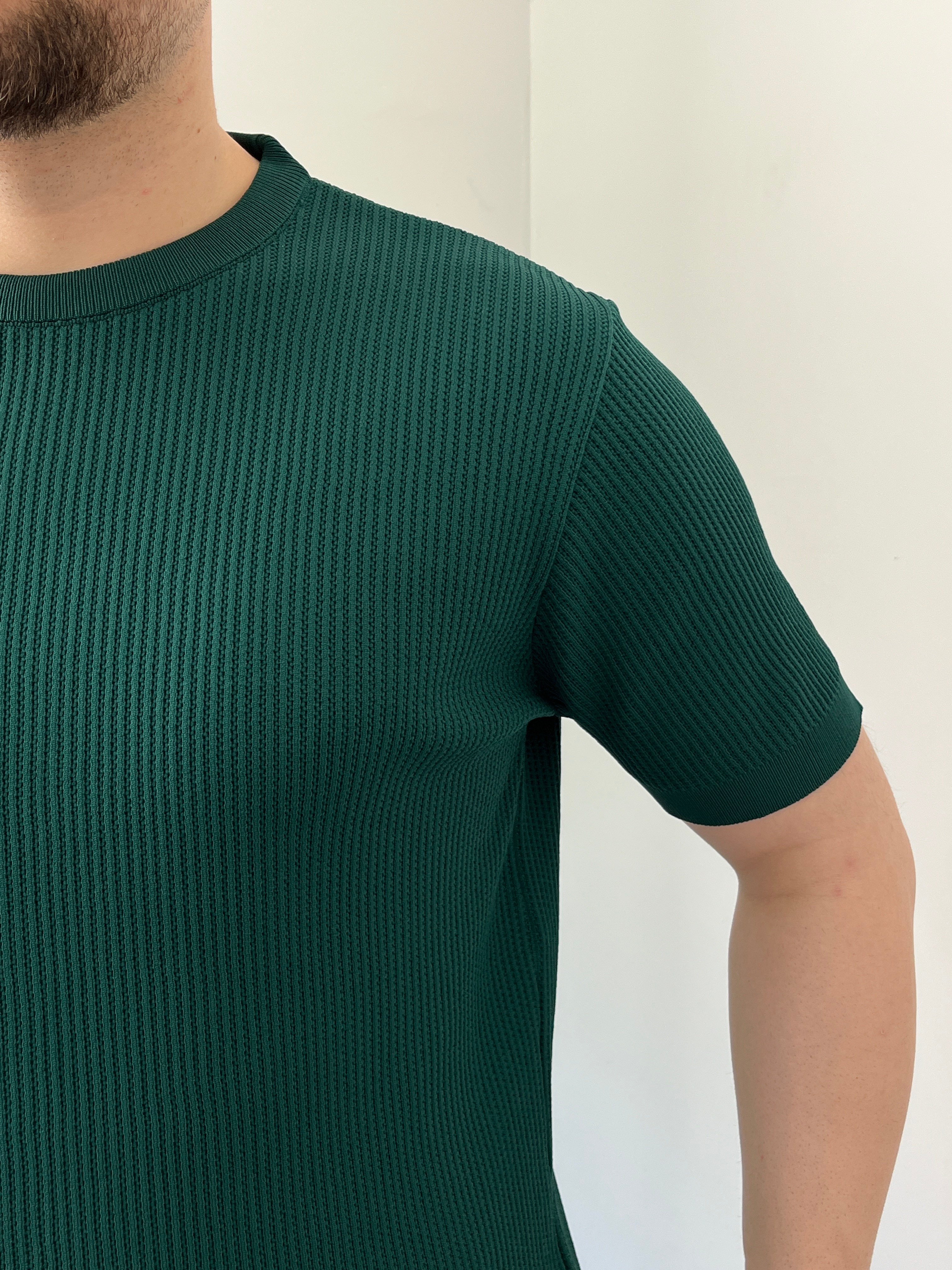 Bisiklet Yaka Örgü .Desen Triko Tshirt Zümrüt Yeşili