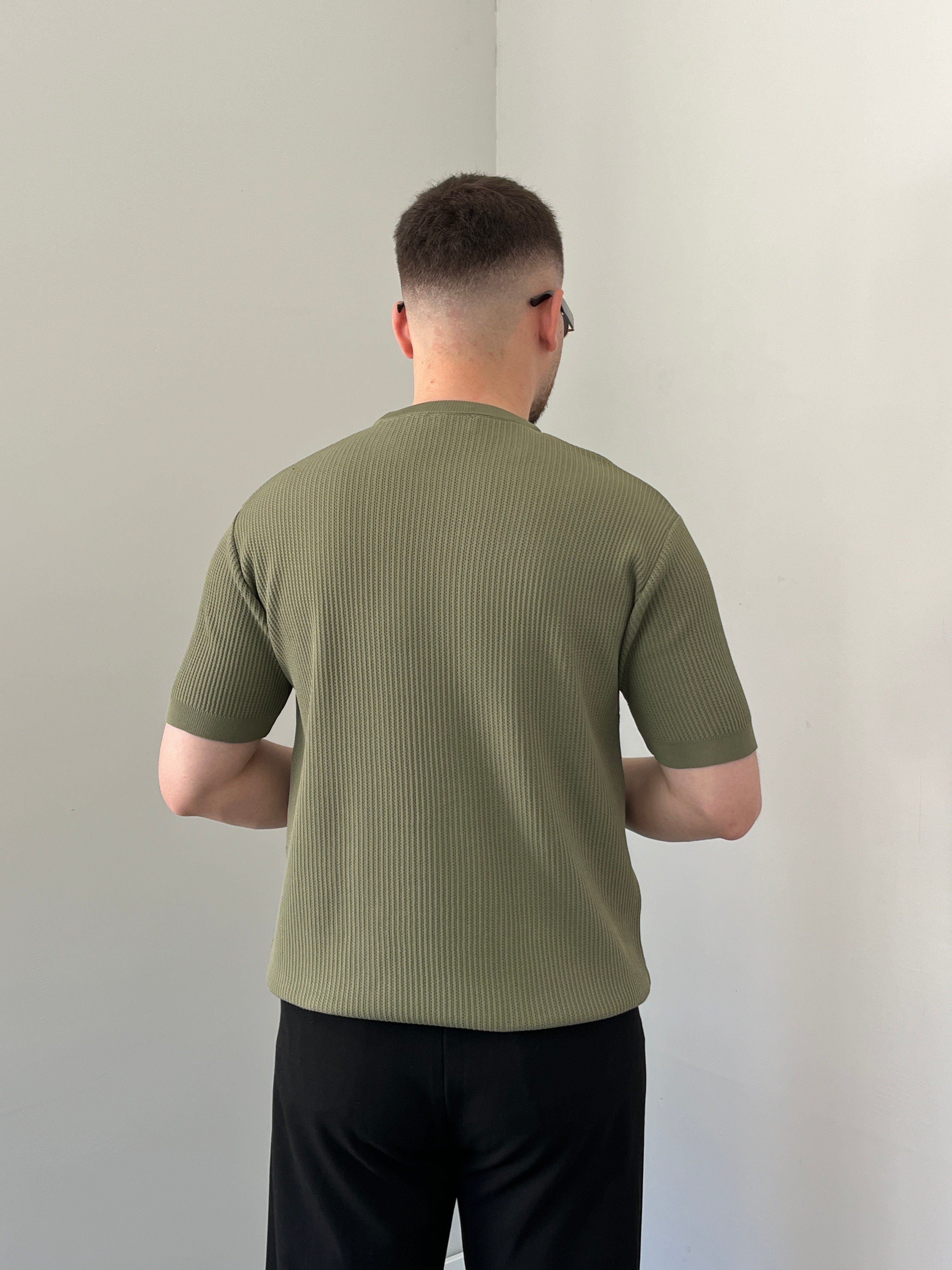 Bisiklet Yaka Örgü .Desen Triko Tshirt Haki Yeşil