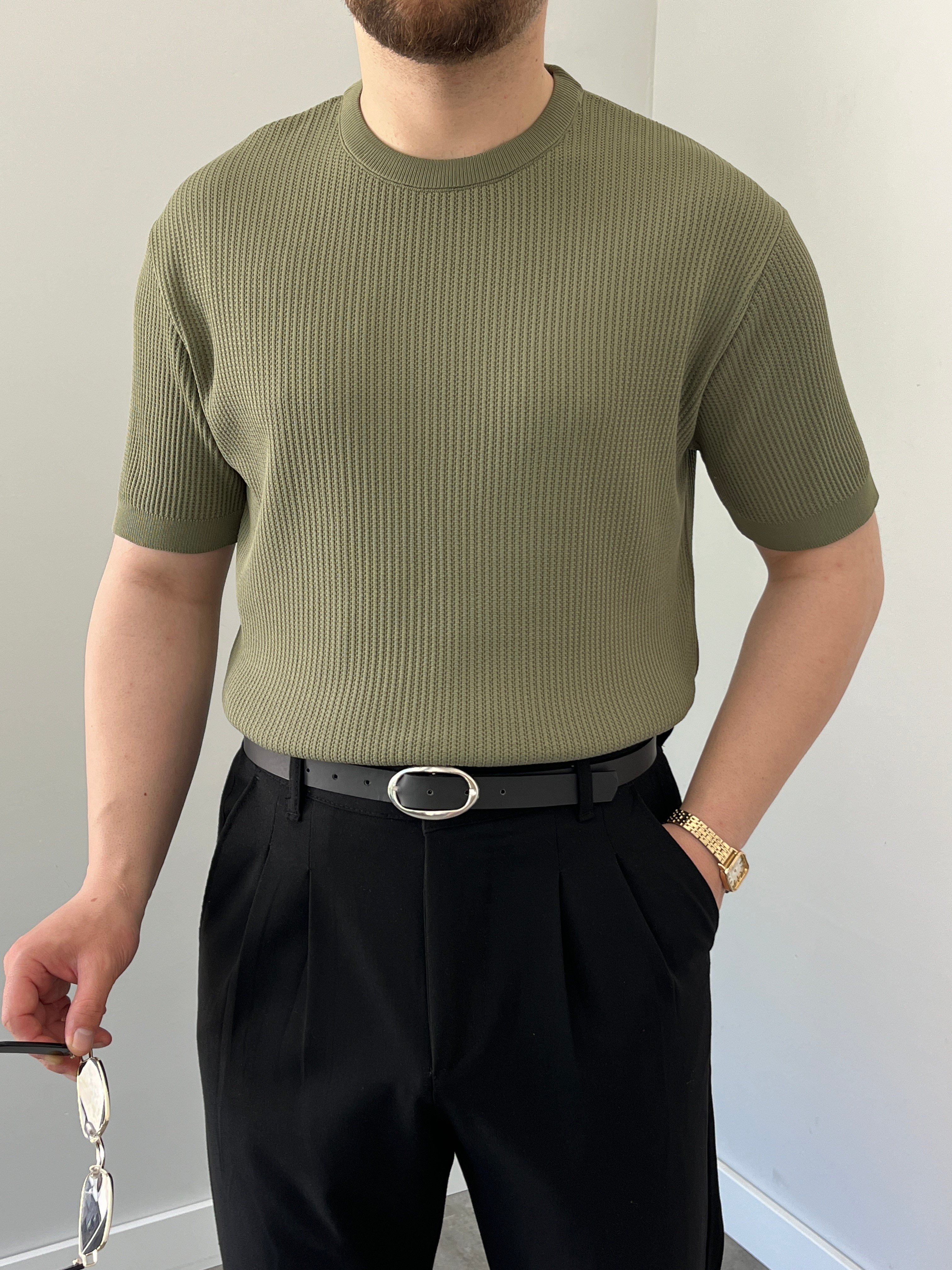 Bisiklet Yaka Örgü .Desen Triko Tshirt Haki Yeşil