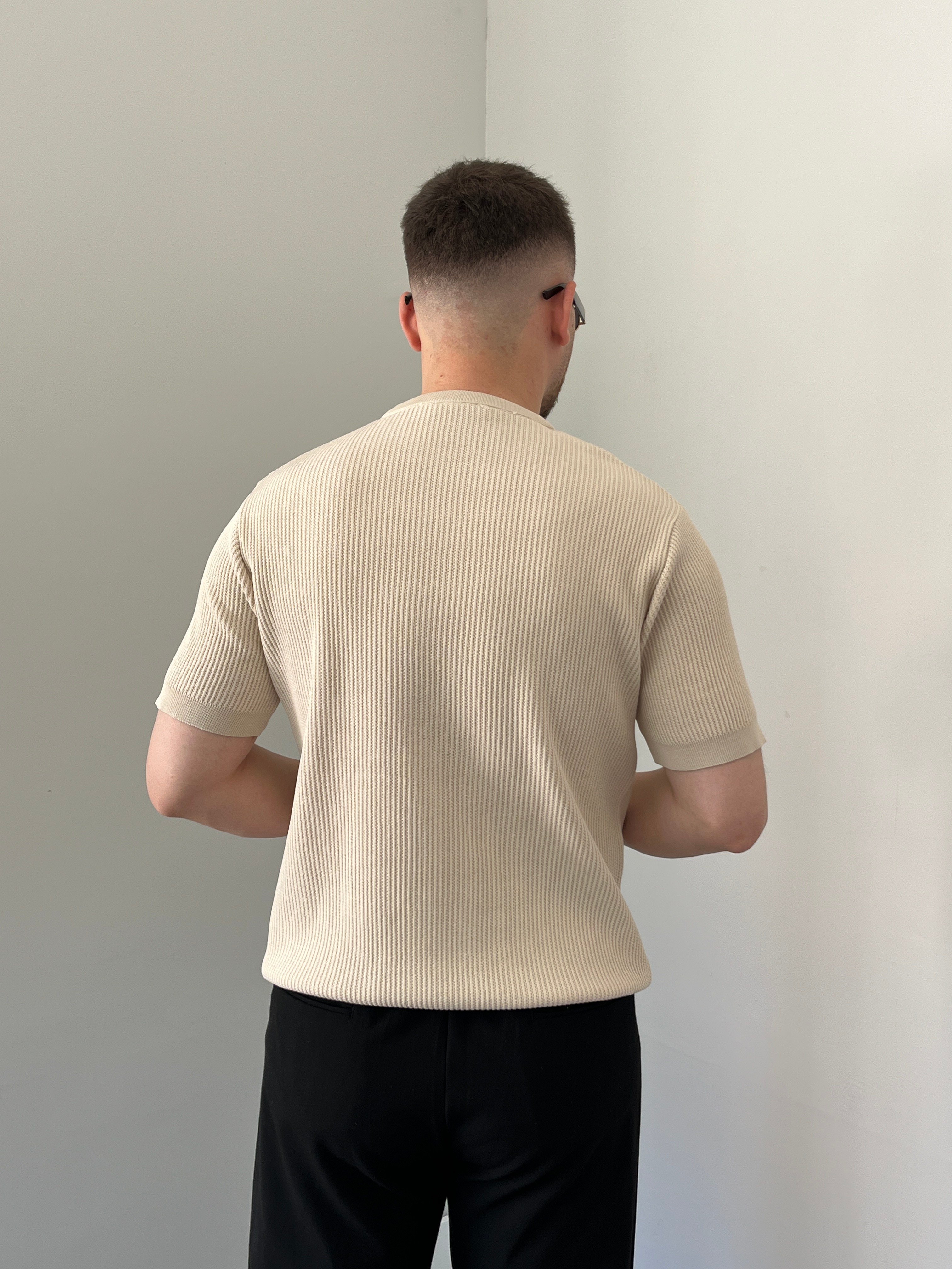 Bisiklet Yaka Örgü .Desen Triko Tshirt Krem