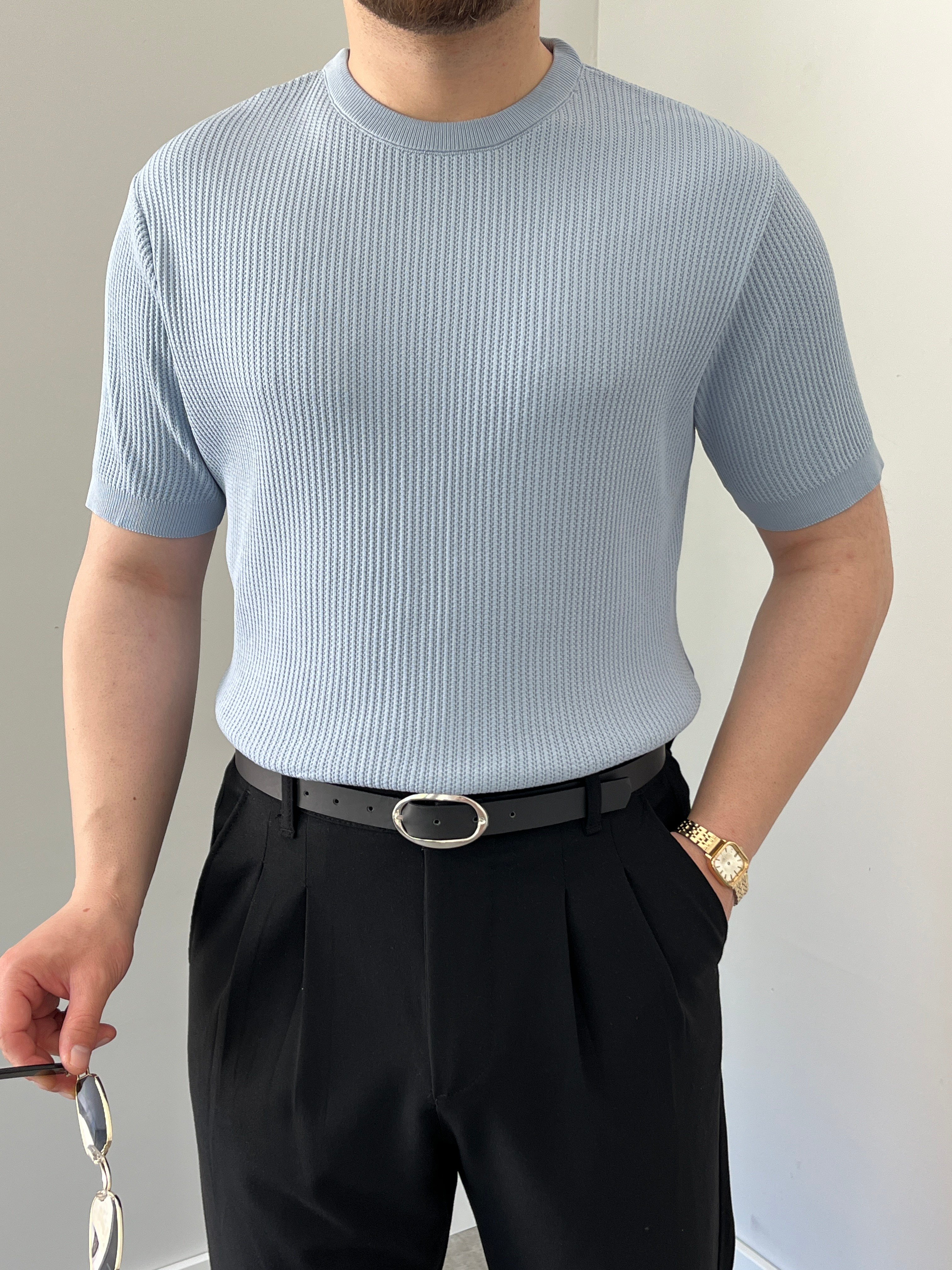 Bisiklet Yaka Örgü .Desen Triko Tshirt Bebe Mavi