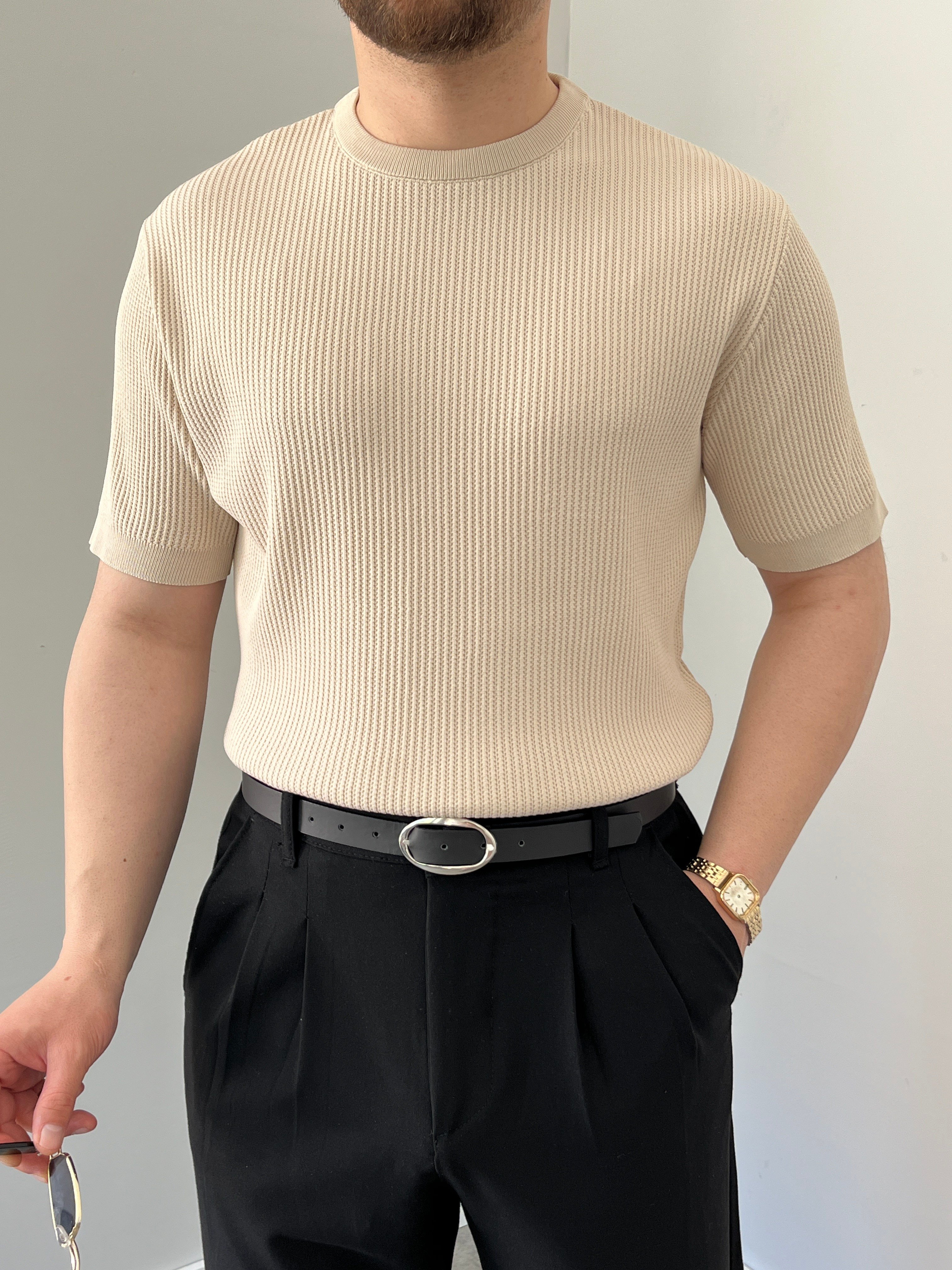 Bisiklet Yaka Örgü .Desen Triko Tshirt Krem