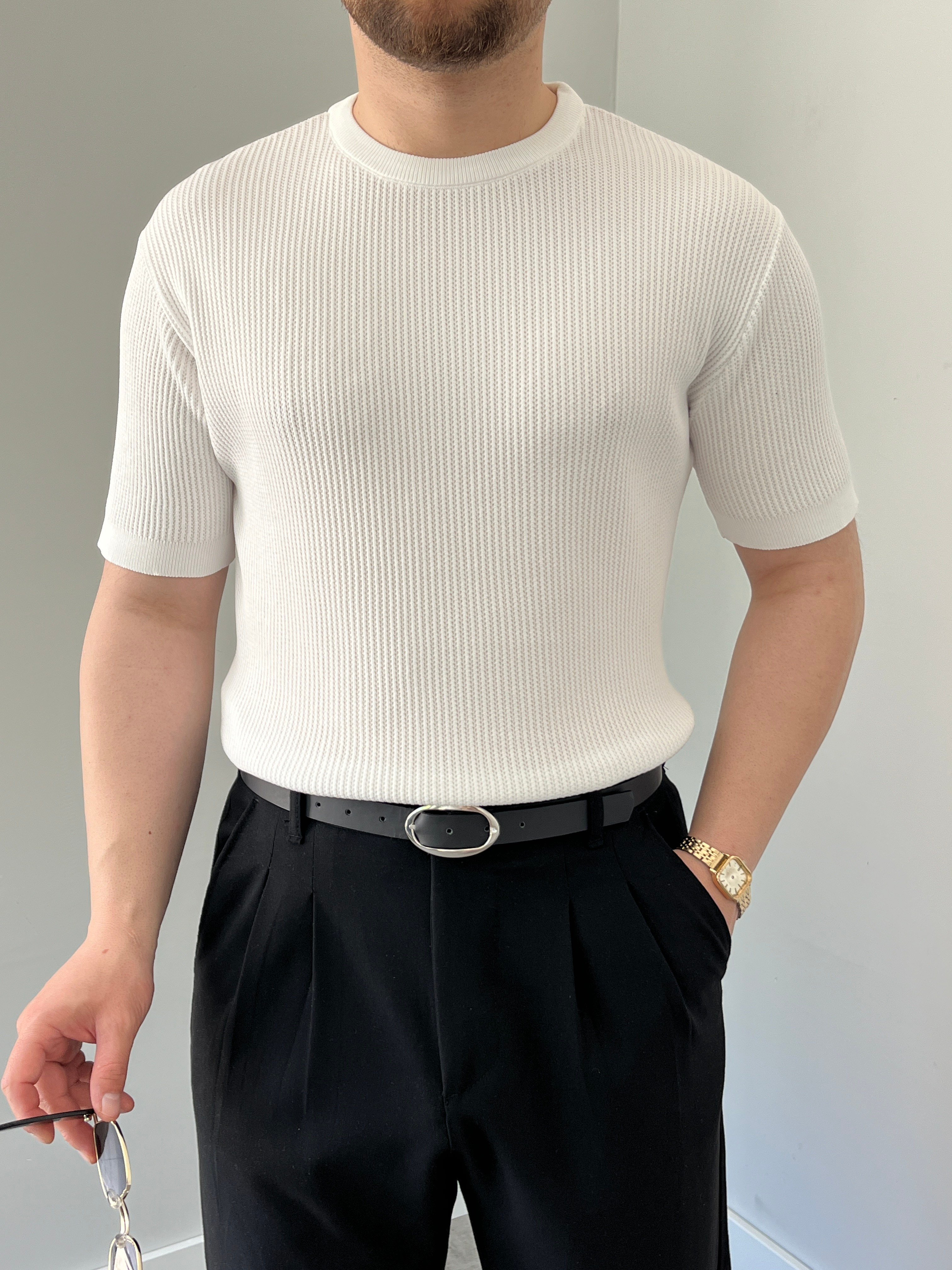 Bisiklet Yaka Örgü .Desen Triko Tshirt Beyaz